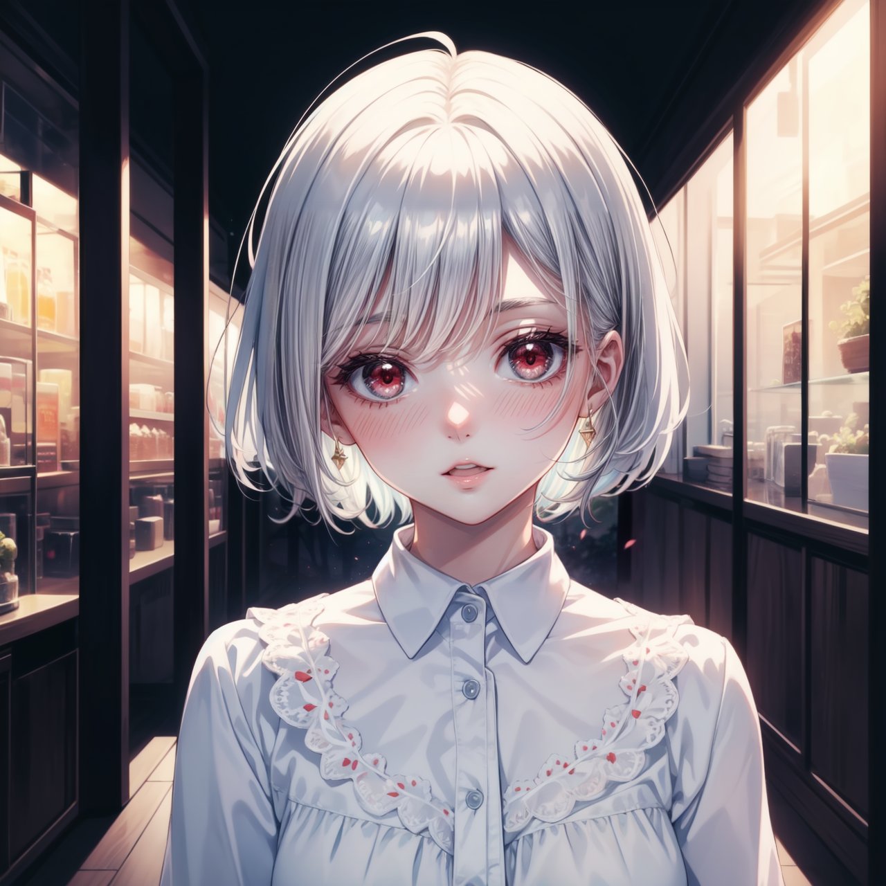 Cute girl with white short hair, wearing a pretty white lace blouse, red eyes, fair skin, portrait format. Scenery background like horror movie, global indirect lighting.