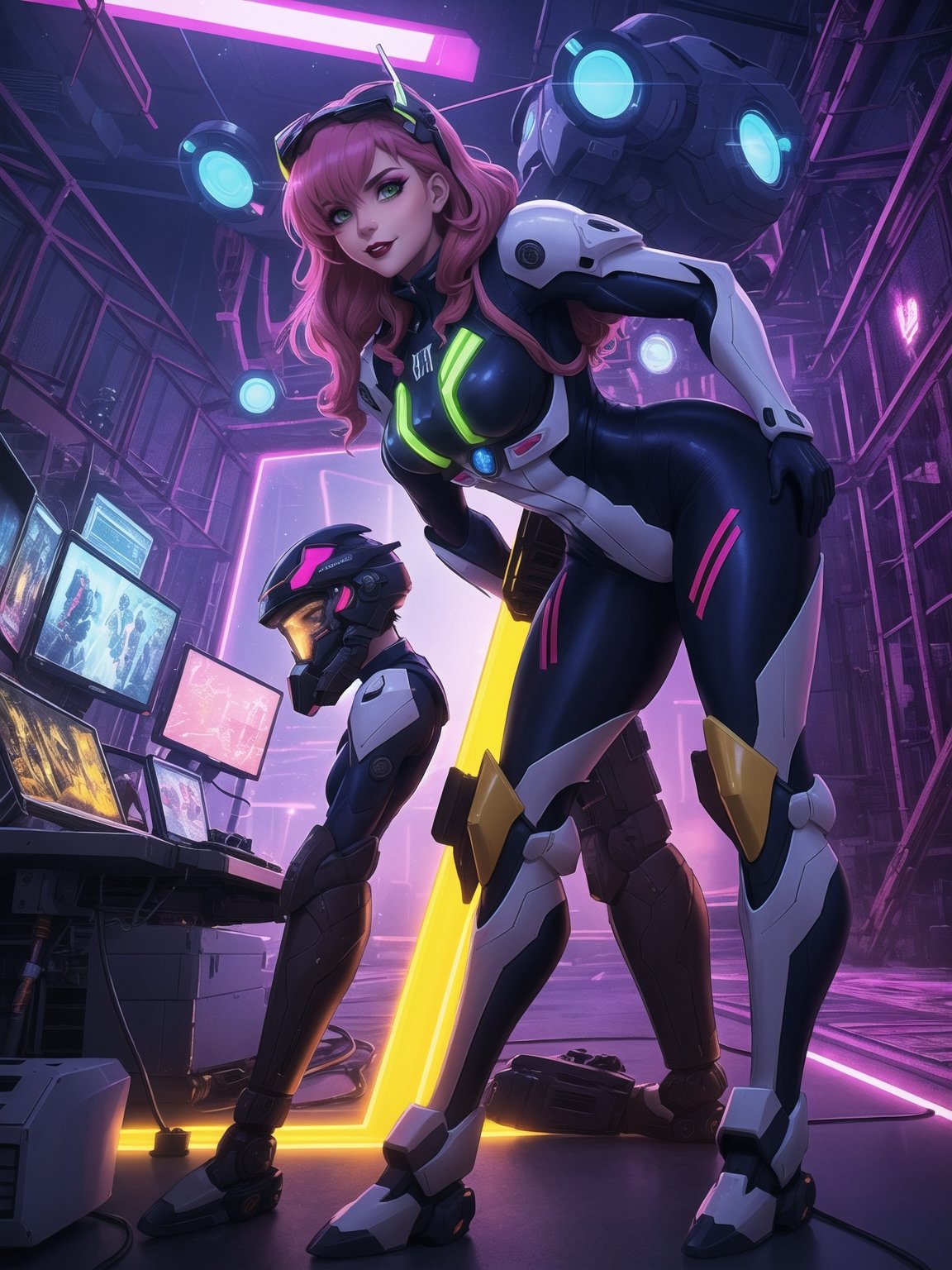 In impeccable 8K resolution, ultra-detailed. In a style that blends the aesthetics of Neon Genesis Evangelion with the modernity of Anime CGI. | In a futuristic hangar filled with advanced machinery, a beautiful bounty hunter stands out. Wearing an all-white mecha suit, with pink areas and neon yellow stripes, her suit embraces her curves, while a cybernetic helmet with a glass visor covers her face. Her long, curly pink hair, with an extravagant fringe in front of her right eye, adds a touch of boldness. Staring with a penetrating gaze at the viewer, she exudes confidence. | The three-dimensional composition is accentuated by the presence of a giant mecha robot in the background, an armed vehicle, and a variety of computers and machines, all illuminated by visible electrical current. Atmospheric perspective and a wide angle add dynamism to the scene. | Neon light permeates the hangar, enhancing the contrast between the white of the hunter's suit and the vibrant tones around. Effects like cinematic lighting, motion blur, and glow contribute to a futuristic atmosphere. | A fearless bounty hunter, immersed in a hangar full of advanced technology, ready for action and mystery, inspired by the striking aesthetics of Neon Genesis Evangelion. | She: ((interacting and leaning on anything, very large structure+object, leaning against, sensual pose):1.5), ((Full body image)), perfect hand, fingers, hand, perfect, better_hands, More Detail,