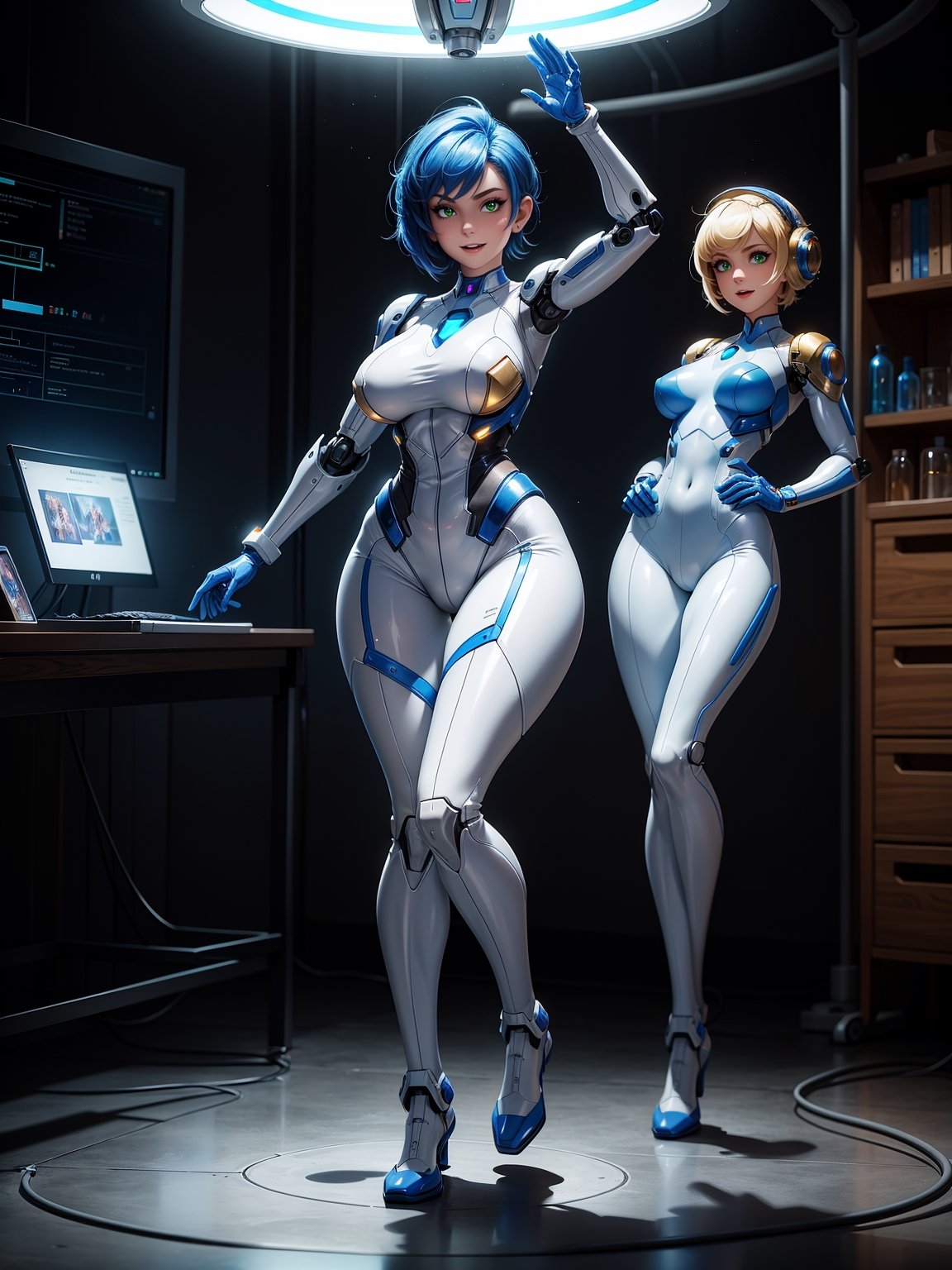 A woman, wearing white wick costume with blue lights, very tight costume on the body with robotic parts, (gigantic breasts), blue hair, very short hair, straight hair, mohawk hair, hair with bangs in front of the eyes, looking at the viewer, in a laboratory, with machines, computers, robots, windows, luminous pipes, ((([pose with interaction and leaning on something|pose with interaction and leaning on a very big object]))), ((full body):1.5), 16k, UHD, best possible quality, ultra detailed, best possible resolution, Unreal Engine 5, professional photography, well-detailed fingers, well-detailed hand, perfect_hands, perfect, (((megamanx, super metroid)))