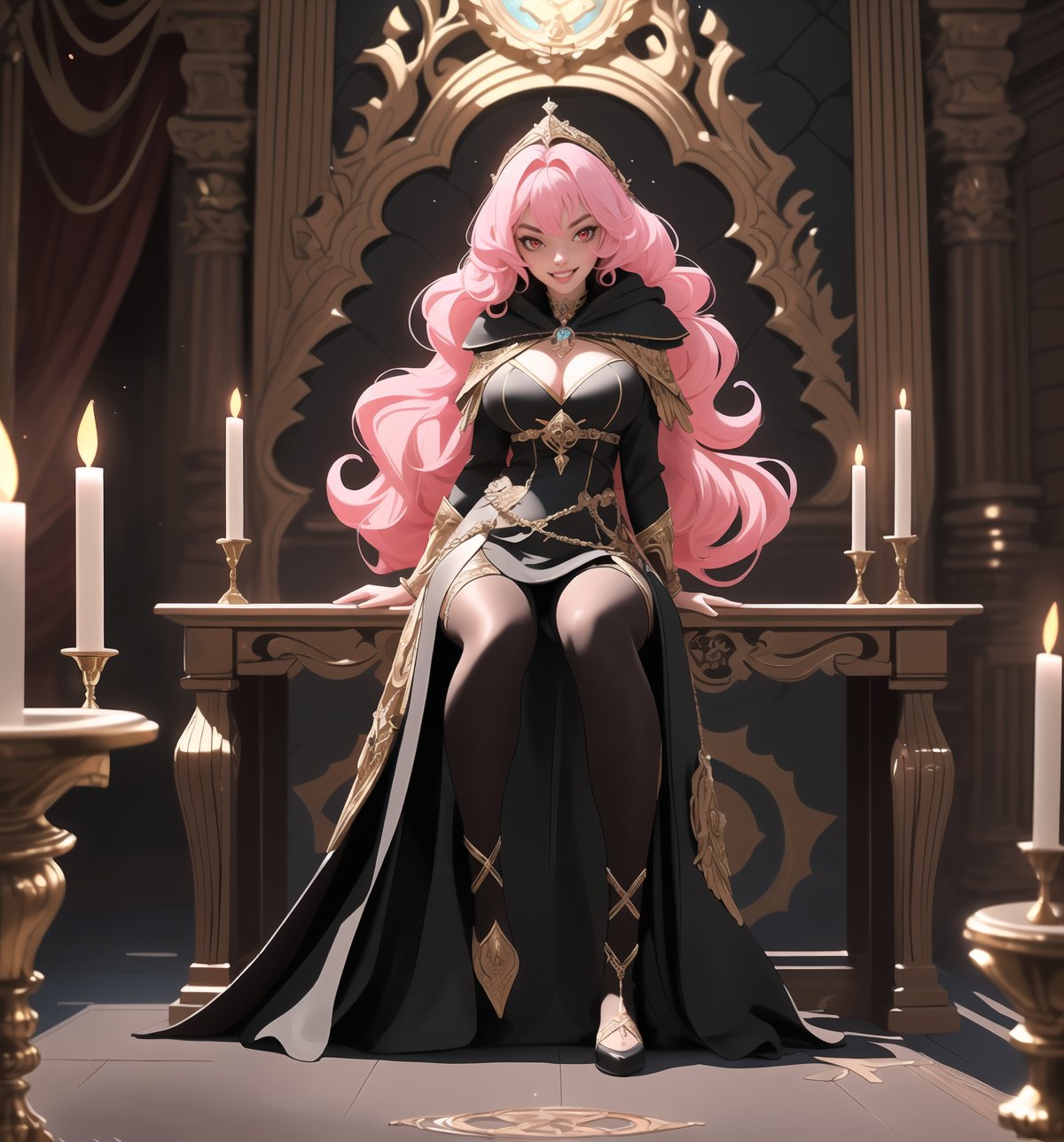 An ultra-detailed 4K masterpiece with fantasy and adventure styles, rendered in ultra-high resolution with stunning graphical detail. | Maiya, a 23-year-old sorceress woman, dressed in a black sorceress costume consisting of a long hooded tunic, adorned with mystical symbols in silver. Her long, wavy ((pink hair)) falls over her shoulders, giving her a mysterious and charming look. ((His red eyes are fixed on the viewer, smiling and showing his white teeth)). | The image highlights Maiya's imposing figure and the architectural elements of the shadow temple in which she finds herself. The black rock structures and black marble statues, along with the sorceress, create a dark and mystical environment. Lighted candles spread across the floor create dramatic shadows and highlight the details of the scene. | Soft, shadowy lighting effects create a tense, mysterious atmosphere, while rough, detailed textures on structures and costumes add realism to the image. | An exciting and adventurous scene of a sorceress woman in a temple of shadows, exploring themes of magic, mystery and determination. | (((The image reveals a full-body shot as Maiya assumes a sensual pose, engagingly leaning against a structure within the scene in an exciting manner. She takes on a sensual pose as she interacts, boldly leaning on a structure, leaning back and boldly throwing herself onto the structure, reclining back in an exhilarating way.))). | ((((full-body shot)))), ((perfect pose)), ((perfect arms):1.2), ((perfect limbs, perfect fingers, better hands, perfect hands, hands)), ((perfect legs, perfect feet):1.2), ((perfect design)), ((perfect composition)), ((very detailed scene, very detailed background, perfect layout, correct imperfections)), Enhance, Ultra details, More Detail, ((poakl))