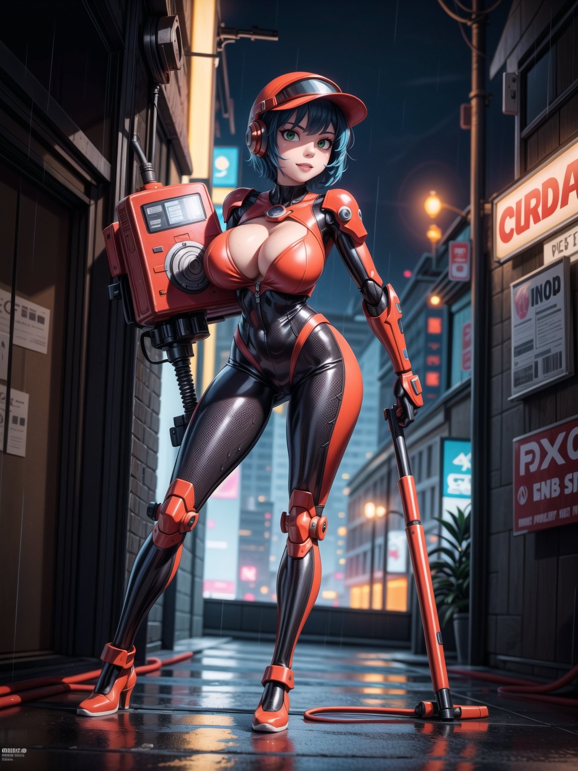 A woman, wearing ((wearing black heroic costume with parts in red+mecha costume with lights, helmet with visor, gigantic breasts)), short hair, blue hair, curly hair, messy hair, hair with bangs in front of eyes, (((looking at the viewer, sensual pose with interaction and leaning on anything+object+on something+leaning against+leaning against))) on top of a building at night raining hard with view of the city, with machines, advertising plates, ((full body):1.5); 16K, UHD, unreal engine 5, quality max, max resolution, ultra-realistic, ultra-detailed, maximum sharpness, ((perfect_hands):1), Goodhands-beta2, ((cyberpunk))