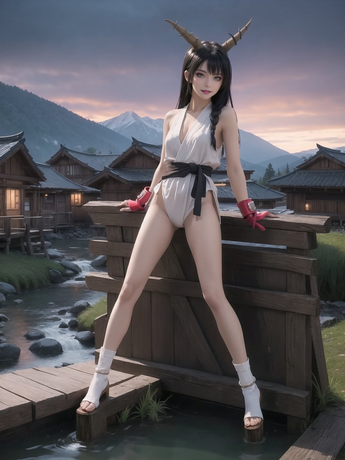 A ninja woman, wearing light brown ninja costume, wearing headdress, white bands tied on arms and legs, black hair, spiky hair, hair with bangs in front of her eyes, she is a ninja village in the mountains at night, with many wooden sturras, with a small stream, 16K, UHD, best possible quality, ultra detailed, best possible resolution, ultra technological, futuristic, robotic, Unreal Engine 5, professional photography, she is, ((sensual pose with interaction and leaning on anything + object + on something + leaning against)) + perfect_thighs, perfect_legs, perfect_feet, better_hands, ((full body, ibuki street fighter)), More detail,