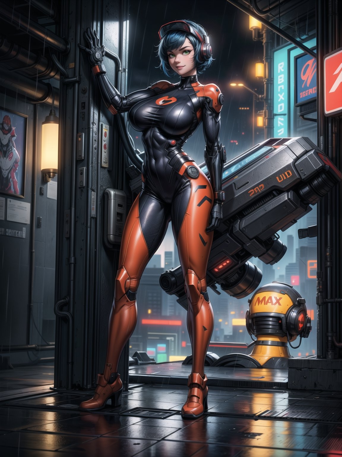 A woman, wearing ((wearing black heroic costume with parts in red+mecha costume with lights, helmet with visor, gigantic breasts)), short hair, blue hair, curly hair, messy hair, hair with bangs in front of eyes, (((looking at the viewer, sensual pose with interaction and leaning on anything+object+on something+leaning against+leaning against))) on top of a building at night raining hard with view of the city, with machines, advertising plates, ((full body):1.5); 16K, UHD, unreal engine 5, quality max, max resolution, ultra-realistic, ultra-detailed, maximum sharpness, ((perfect_hands):1), Goodhands-beta2, ((cyberpunk))