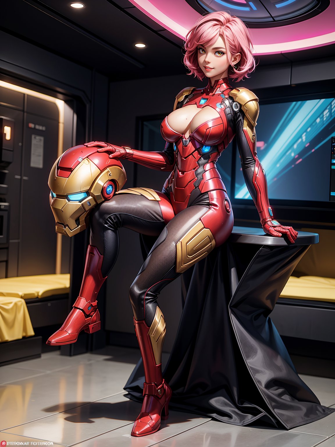 A woman, maid suit + iron man suit, black suit with gold parts, extremely tight and tight on the body, gigantic breasts, helmet on the head, pink hair, short hair, hair with bangs in front of the eyes, looking at the spectator, (((erotic pose interacting and leaning [on an object|on something in the environment]))), on a plane in the passenger area, with chairs, machinery, window, cabins ((full body):1.5) . 16k, UHD, best possible quality, ultra detailed, best possible resolution, Unreal Engine 5, professional photography, perfect_hands, perfect_legs, ((Super Metroid))