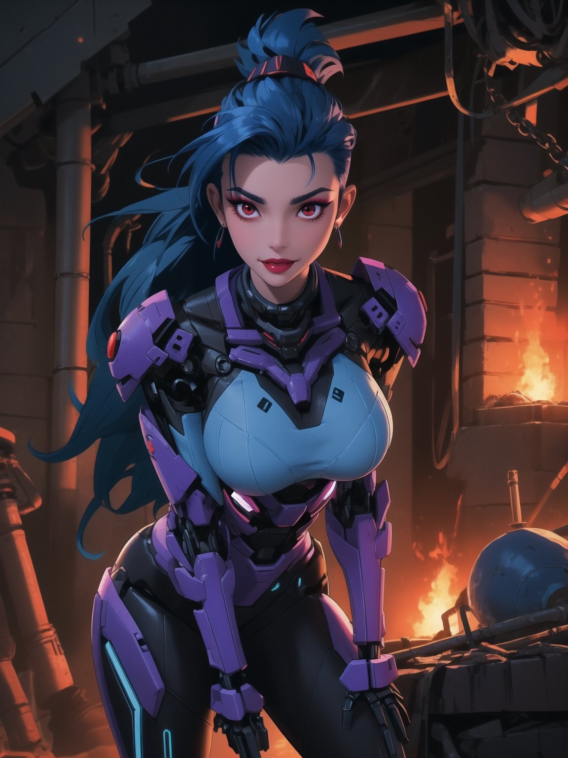 A blue-haired, mohawk-styled woman, with voluptuous curves and a high-tech mech suit, strikes a sultry pose amidst a dark, mechanical dungeon setting, leaning against one of the structures