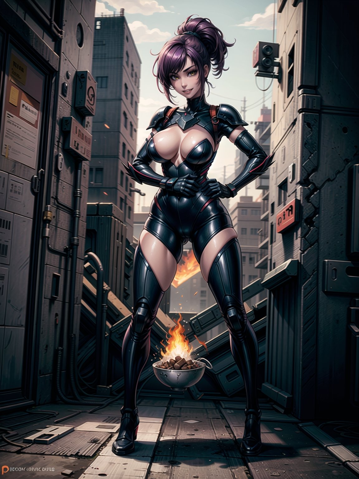 A woman, wearing white cybernetic armor with tight and tight red areas, gigantic breasts, wearing helmet with visor, purple hair, extremely short hair, rebellious hair, hair with ponytail, hair with bangs in front of the eye, looking at the viewer, (((sensual pose+Interacting+leaning on anything+object+leaning against))), on a battlefield with machines, stone structures, military vehicles, fire everywhere, ((full body):1.5), 16K, UHD, unreal engine 5, quality max, max resolution, ultra-realistic, ultra-detailed, maximum sharpness, ((perfect_hands):1), Goodhands-beta2, ((technological))