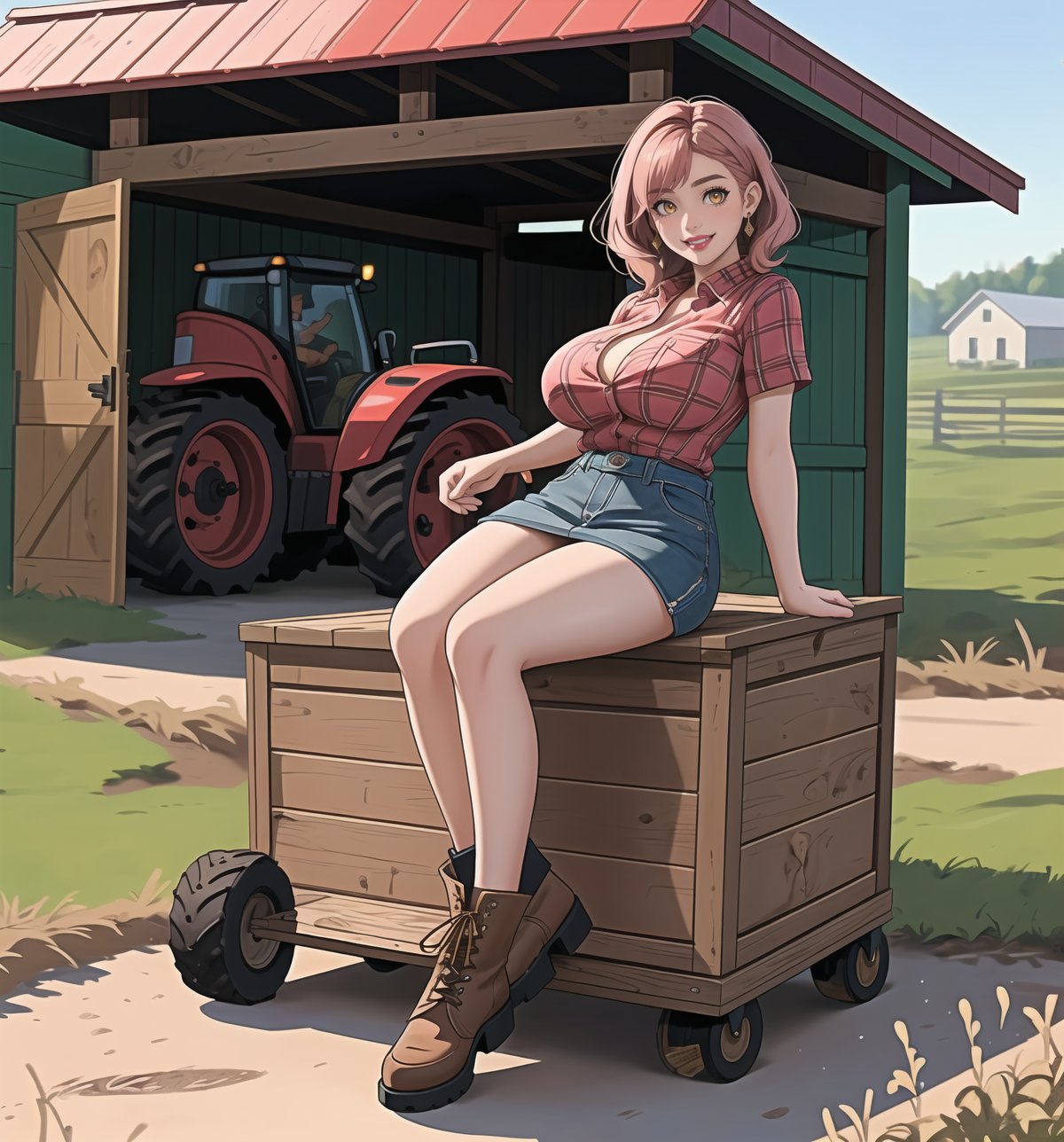 An ultra-detailed 16K masterpiece with Country and Rural styles, rendered in ultra-high resolution with extraordinary detail. | Darla, a young 23-year-old woman, is dressed in a farmer's outfit, consisting of a red and white plaid shirt, denim skirt and brown leather boots. Her pink hair is short and disheveled, with a modern and stylish cut. ((Her golden eyes are looking at the viewer, smiling and showing her teeth, with red lipstick on her lips)). She is in a shed on a farm, with wooden structures, concrete structures, crates, machines and tires around her. A tractor, a barn and a chicken coop adorn the scene. | The image highlights Darla's imposing figure and the rural elements of the shed. The wooden structures, concrete structures, crates, machines and tires, together with the tractor, barn and chicken coop, create a rural and welcoming environment. The shadows created by the warehouse lights highlight the details of the scene and create a mysterious atmosphere. | Soft, warm lighting effects create a welcoming, rural atmosphere, while detailed textures on skin, clothing, and structures add realism to the image. | Darla, a farmer in a shed, exploring themes of country, rurality and simplicity. | (((The image reveals a full-body shot as Darla assumes a sensual pose, engagingly leaning against a structure within the scene in an exciting manner. She takes on a sensual pose as she interacts, boldly leaning on a structure, leaning back and boldly throwing herself onto the structure, reclining back in an exhilarating way.))). | ((((full-body shot)))), ((perfect pose)), ((perfect arms):1.2), ((perfect limbs, perfect fingers, better hands, perfect hands, hands)), ((perfect legs, perfect feet):1.2), ((huge breasts))++, ((perfect design)), ((perfect composition)), ((very detailed scene, very detailed background, perfect layout, correct imperfections)), Enhance, Ultra details++, More Detail, poakl