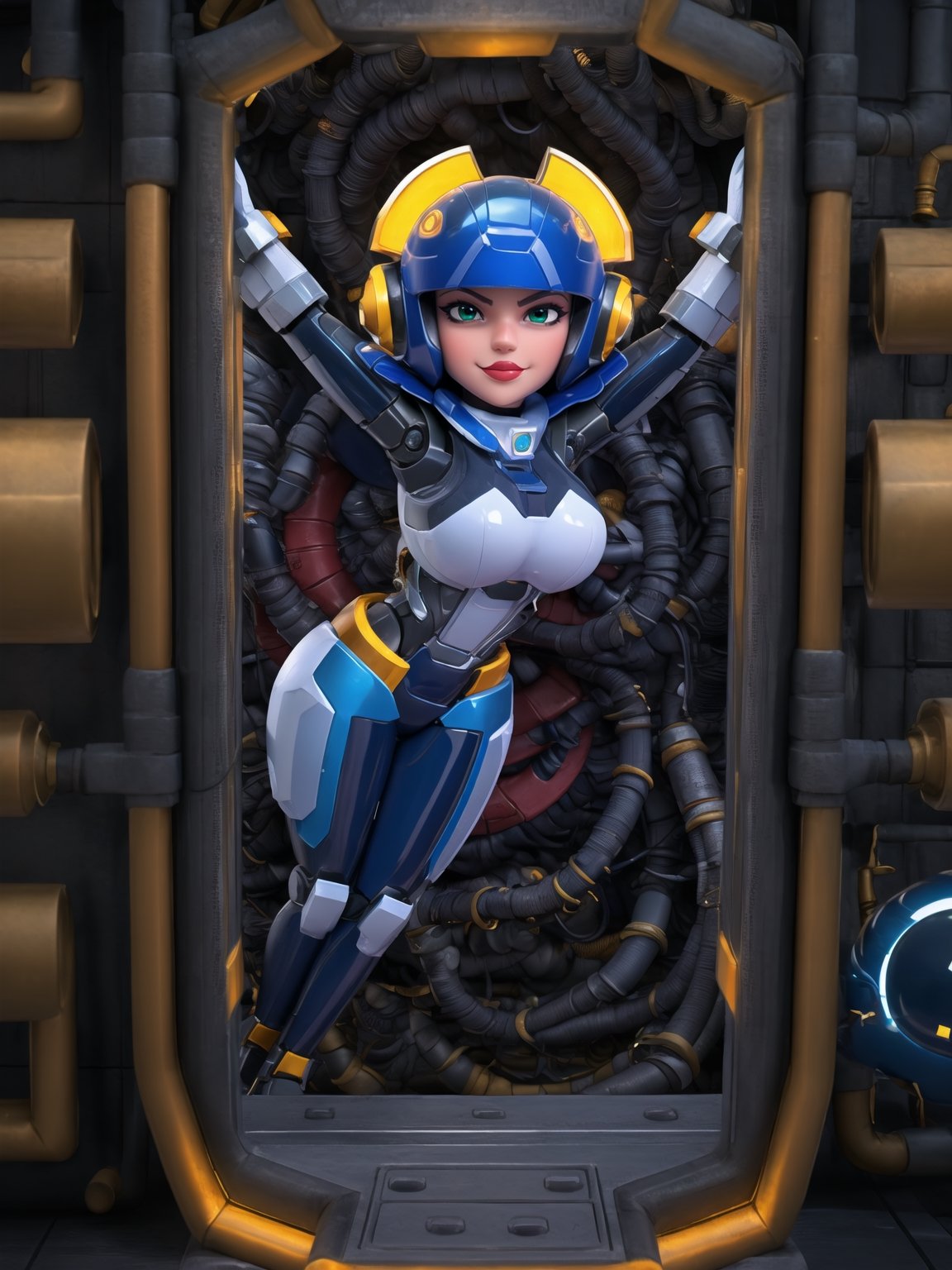 A masterpiece in 16K resolution, with the highest level of quality, sharpness, and detailing, inspired by the Mega Man X style. | In the immersive cybernetic scene, a stunning woman emerges wearing a robotic suit fused with cybernetic elements. The predominantly white suit features areas in blue and small details in yellow, fitting perfectly to the body and exuding an aura of energy. Her short, straight blue hair, with a striking fringe over the right eye, contrasts with the cybernetic helmet adorning her head. | Pulsating energy emanates around her, highlighting her in the futuristic dungeon. Intricate machines, metallic and rocky structures, along with large nuclear energy machines, make up the industrial setting. Giant robots, silent witnesses of her presence, add an epic touch to the scene. | In a sensual pose, she interacts with the environment, leaning on a large structure. The camera captures a dynamic angle that enhances her dominant presence in the dungeon, while details like metallic reflections, energy effects, and shadows accentuate the depth of the scene. | A stunning representation that transports the viewer into the epic universe of Mega Man X, with a fusion of advanced technology, vibrant energy, and impeccable design. | She: ((interacting and leaning on anything, very large structure+object, leaning against, sensual pose):1.3), ((Full body image)), perfect hand, fingers, hand, perfect, better_hands, More Detail,