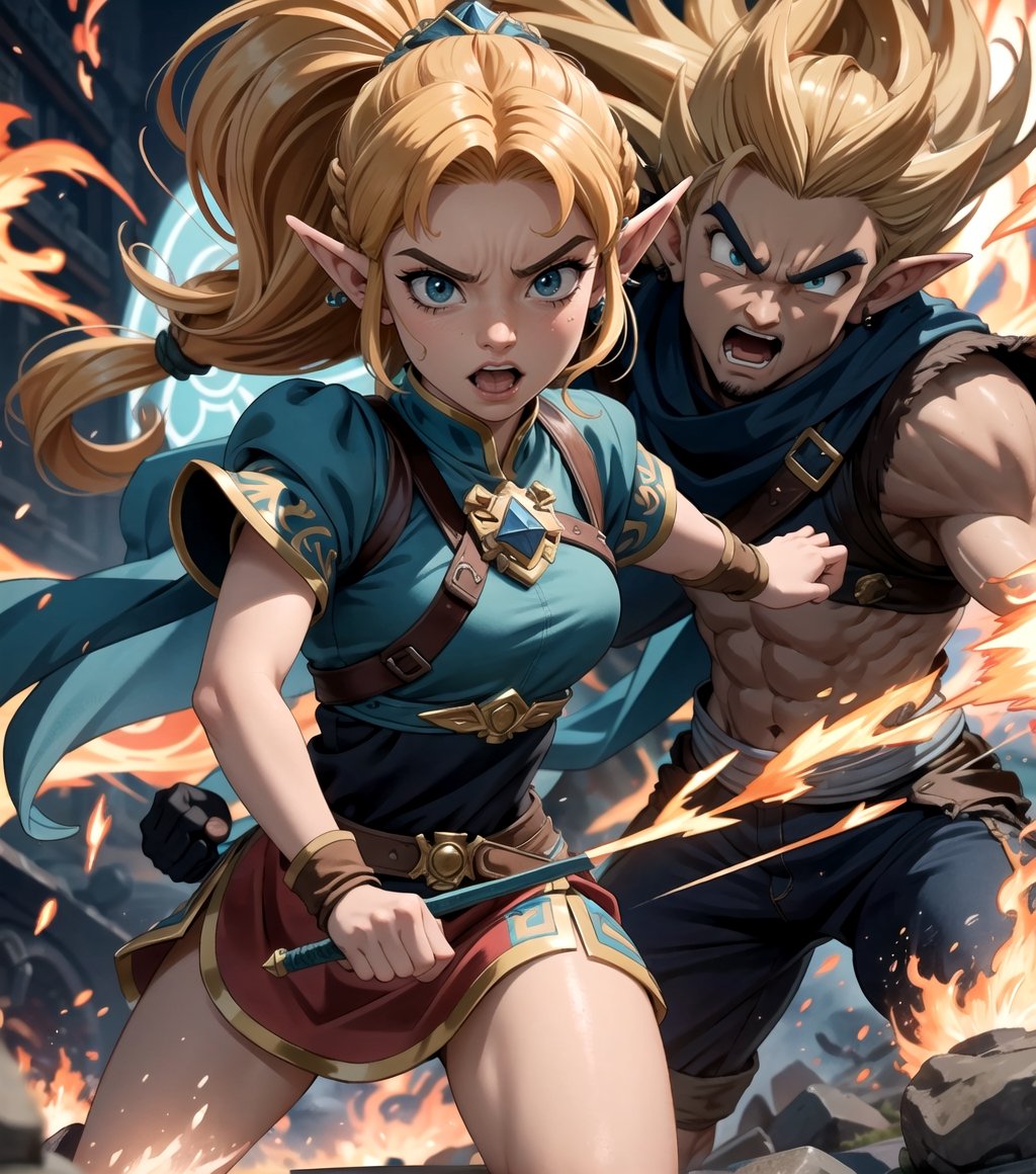 Masterpiece in 4K quality, highlighting every detail of the scene. Style inspired by the fusion of "The Legend of Zelda" and "Dragon Ball" universes, resulting in an epic battle full of energy and intensity. | On the battlefield, Princess Zelda, with a determined expression, faces off against Galford in an exciting fight. She is positioned at a dynamic angle, with a firm and confident combat stance, while her blonde hair flows around her, highlighting her power and determination. Galford, with his concentrated energy, assumes an attacking pose, ready to challenge Zelda. | The composition of the scene presents a dynamic perspective, highlighting the fast and agile movements of the fighters. The camera captures the action up close, allowing viewers to feel the intensity of the battle. | Visual effects add depth to the scene, with bursts of energy and power explosions radiating around the fighters. Dramatic lighting enhances each movement, creating an atmosphere of tension and excitement. | An epic battle between Princess Zelda and Galford, full of action and energy, in the style of Dragon Ball. 