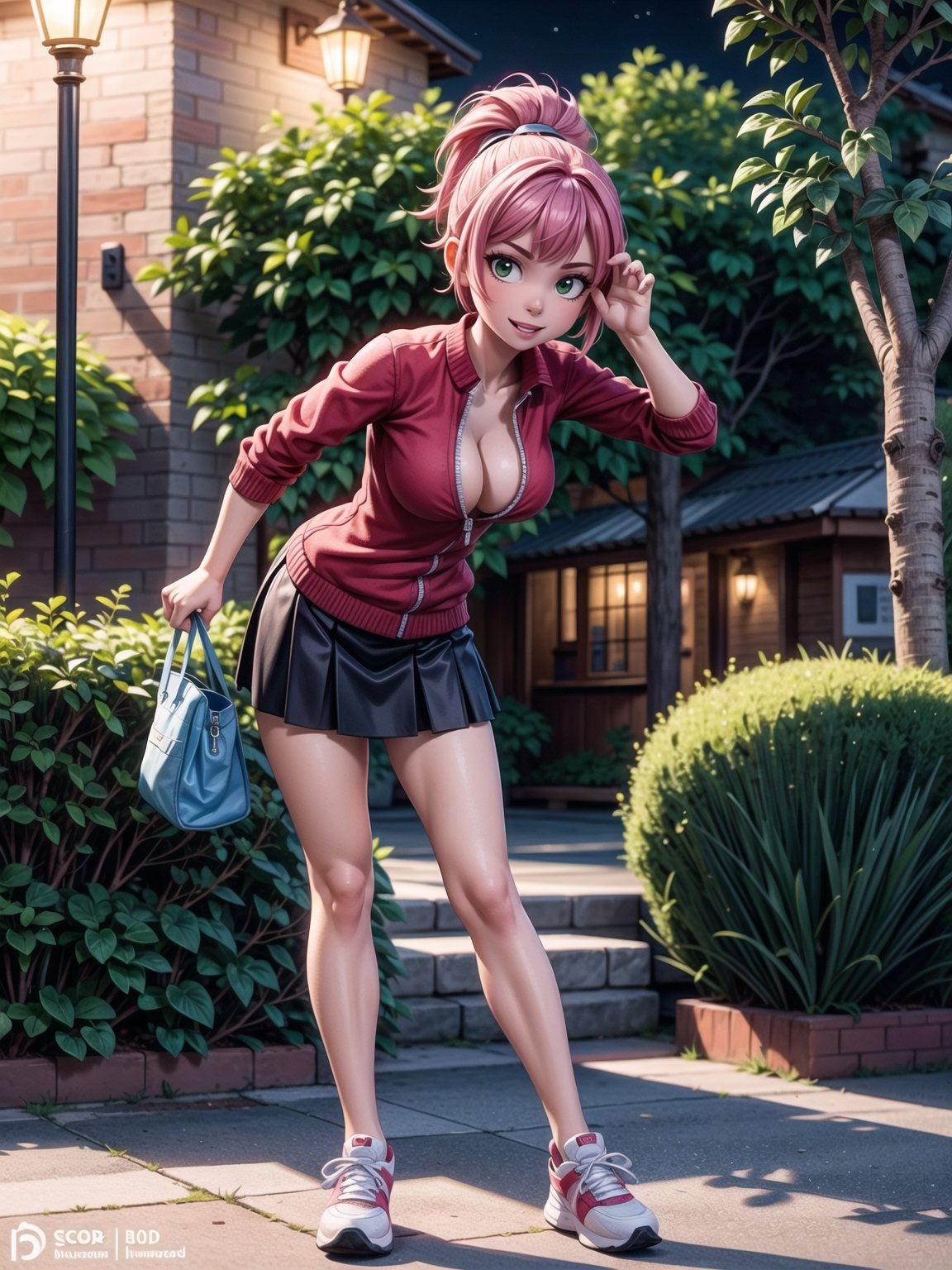 A woman, red shirt without collar and sleeves, very short black skirt, white sneakers, gigantic breasts, wearing cap, pink hair, extremely short hair, rebellious hair, hair with ponytail, hair with bangs in front of the eye, looking at the viewer, (((sensual pose+Interacting+leaning on anything+object+leaning against))), in a small square at night with many structures, banks, trees, lots of people walking, (full body:1.5), 16K, UHD, unreal engine 5, quality max, max resolution, ultra-realistic, ultra-detailed, maximum sharpness, ((perfect_hands):1), Goodhands-beta2