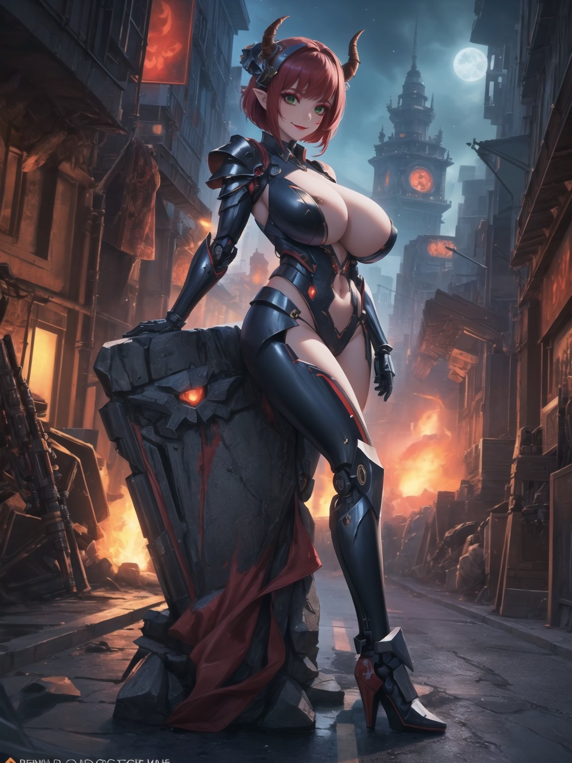 ((A demon woman)), has gigantic breasts, is wearing mecha costume+robotic armor with parts in red, totally black costume, she has ((horns, wearing helmet)), red hair, short hair, hair with bangs in front of eyes, she is Underworld at night, with many machines large stone structures, monsters, large metal structures, warcraft, 16K, UHD, best possible quality, ultra detailed, best possible resolution, ultra technological, futuristic, robotic, Unreal Engine 5, professional photography, she is, ((sensual pose with interaction and leaning on anything + object + on something + leaning against)) + perfect_thighs, perfect_legs, perfect_feet, ((full body)), more detail, better_hands