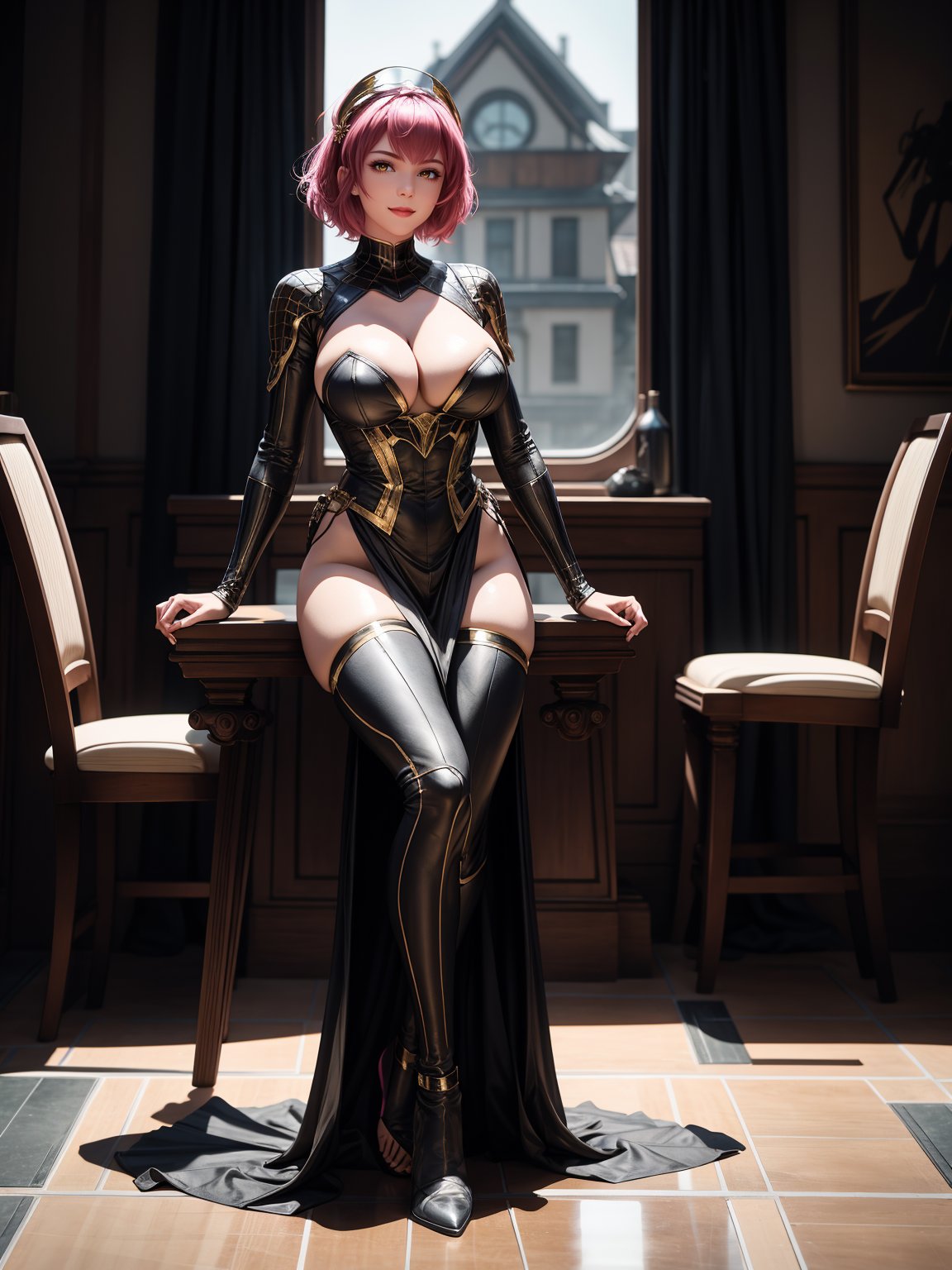 A woman, maid costume+spider man costume, black costume with gold parts, extremely tight and tight on the body, gigantic breasts, helmet on the head, pink hair, short hair, hair with bangs in front of the eyes, looking at the spectator, (((erotic pose interacting and leaning [on an object|on something in the environment]))), on a plane in the passenger area, with chairs, machinery, window, cabins ((full body):1.5). 16k, UHD, best possible quality, ultra detailed, best possible resolution, Unreal Engine 5, professional photography, perfect_hands