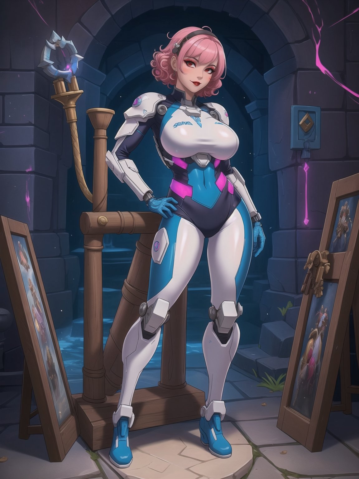 A woman, she is wearing an all-white cybernetic suit, a cybernetic suit with blue parts, a very tight cybernetic suit on her body, she has gigantic breasts, very short hair, pink hair, curly hair, hair with bangs in front of her eyes, she is looking directly at the viewer, she is in a dungeon, with large stone structures, many technological machines, many luminous pipes with running water, altars, figurines, warcraft, ((full body)),  UHD, best possible quality, ultra detailed, best possible resolution, ultra technological, Unreal Engine 5, professional photography, ((she is doing sensual pose with interaction and leaning on anything))+ ((object+on something+leaning against)), perfect, More detail,