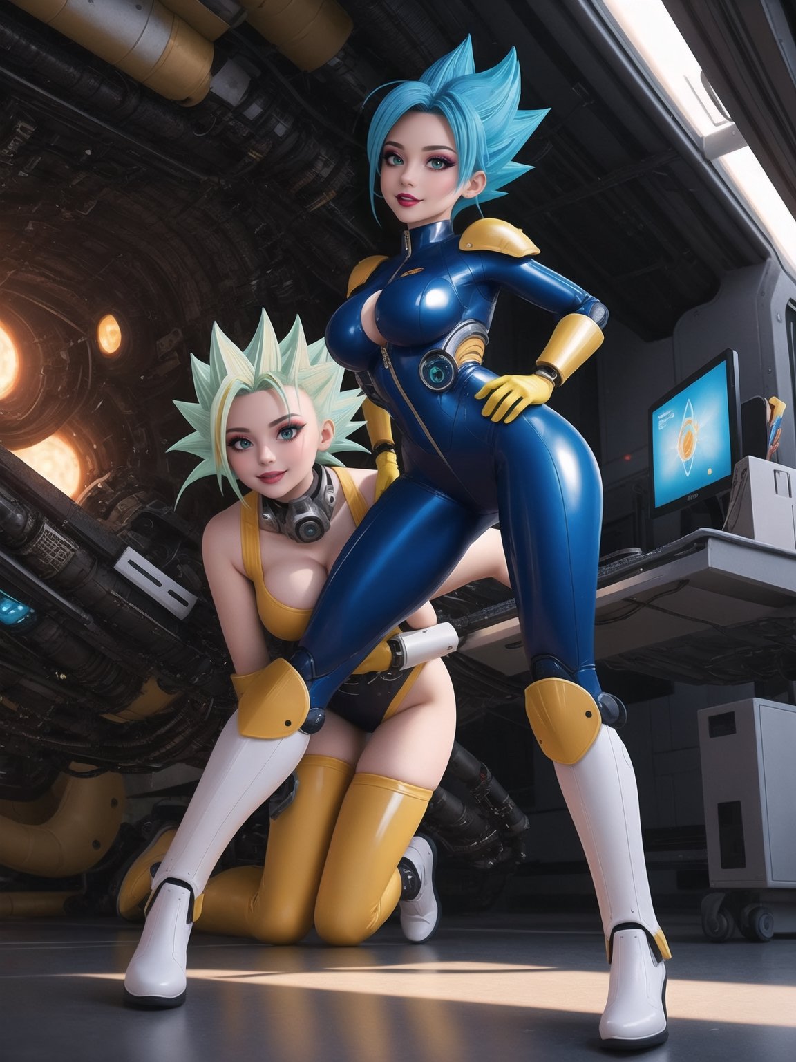 ((A kawaii woman)), wearing cybernetic suit + robotic armor + all-white latex suit, with blue and yellow parts, gigantic breasts, only she has, ((super saiyan blue hair)), spiky hair, hair with bangs in front of the eyes, (looking directly at the viewer), she is on an airplane, machines, computers, people with different ethnicities, 16K, UHD, best possible quality,  ultra detailed, best possible resolution, Unreal Engine 5, professional photography,, she is, ((sensual pose with interaction and leaning on anything + object + on something + leaning against)) + perfect_thighs, perfect_legs, perfect_feet, better_hands, ((full body)), More detail,