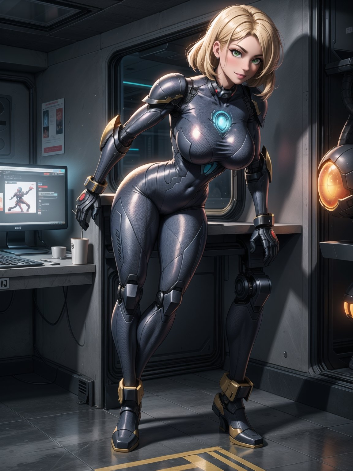 A woman, wearing black robotic armor with gold parts, gigantic breasts, blonde hair, short hair, messy hair, hair with bangs in front of her eyes, looking at the viewer, (((sensual pose with interaction and leaning on anything+object +leaning against))), on an alien spaceship, with computers, window, lights on the walls, elevators, structures, ((full body):1.5), 16K, UHD, unreal engine 5, quality max, max resolution, ultra -realistic, ultra-detailed, maximum sharpness, ((perfect_hands):1), Goodhands-beta2, super_metroid, ((ultra technology)), ((alien spaceship)),tareme-eyes