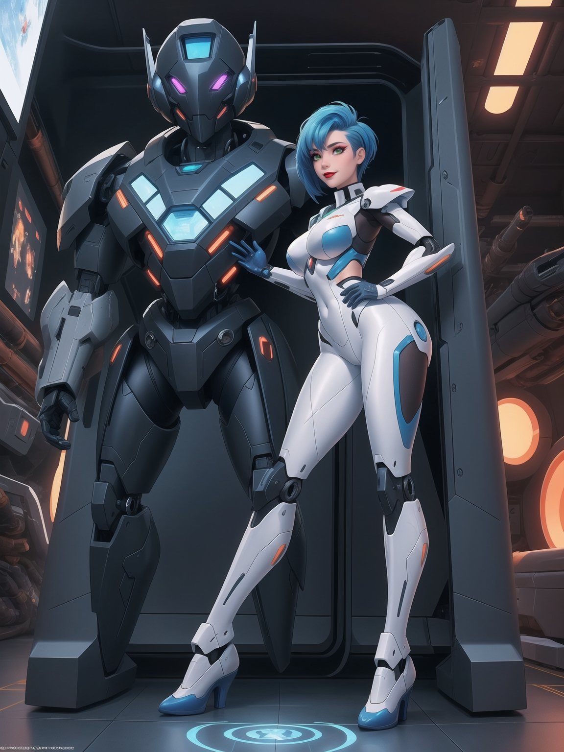 A woman is wearing an all-white mecha costume, with blue parts and luminous couplings. The mecha suit is very tight on the body and has cybernetic armor. She has gigantic breasts and short, blue, mohawk hair with a fringe that falls in front of her eyes. She is looking directly at the viewer. She is in an alien aircraft filled with technological structures, machines, computers and aliens armed with lasers. The aircraft has elevators and windows, ((She is striking a sensual pose, leaning on anything or object, resting and leaning against herself over it)), ((full body)), super_metroid, mecha, UHD, best possible quality, ultra detailed, best possible resolution, Unreal Engine 5, professional photography, perfect hand, fingers, hand, perfect, More detail,