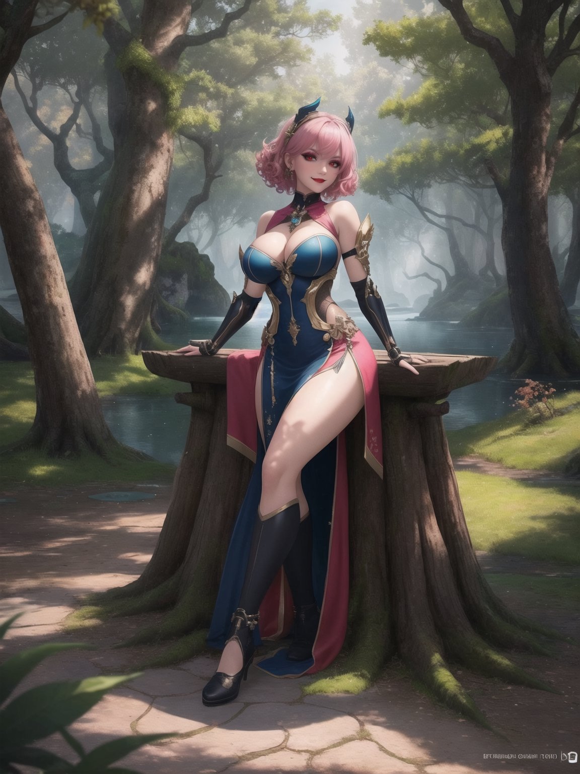 A woman is wearing a white cybernetic suit with blue parts¹[1]. The costume is very tight to the body and she has big breasts. Her hair is short, pink and curly, with bangs that fall over her eyes² [2]. She is looking directly at the viewer. The setting is a magical forest filled with trees and wooden structures, including large tree trunks. It's night and there are several altars with ancient relics scattered around the place, as well as a large lagoon, ((full body)),  UHD, best possible quality, ultra detailed, best possible resolution, ultra technological, Unreal Engine 5, professional photography, she is doing (sensual pose with interaction and leaning on anything) + (object + on something + leaning against), perfect, More detail,