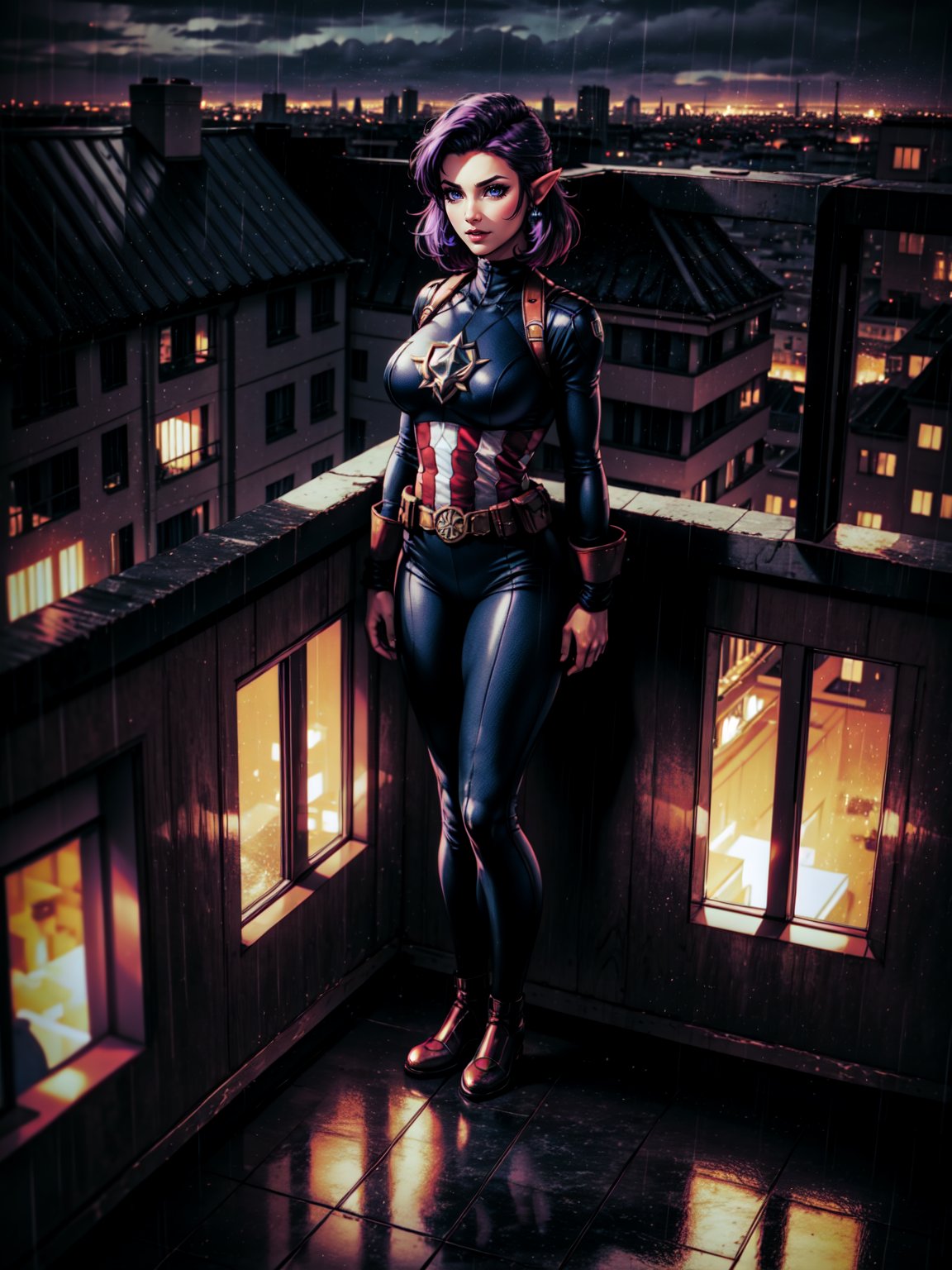 ((full body, standing):1.5), {(Princess Zelda)}, {((Captain America costume)), she has ((big breasts)), ((short purple hair, mohawk, blue eyes)) , ((doing an erotic pose)), only she is smiling and staring at the viewer, (((in the whole of a building, near the edge of the balcony, looking at the city from above, it's night, raining heavily, dark clouds in the sky))}, 16k, best quality, best resolution, best sharpness,