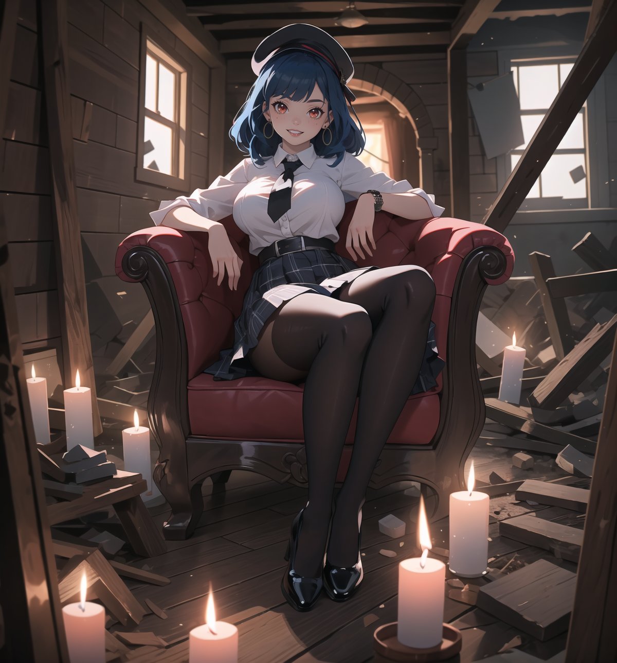 An ultra-detailed 4K masterpiece with gothic and horror styles, rendered in ultra-high resolution with realistic graphic details. | Miya, a young 23-year-old woman with huge breasts, is dressed in a school outfit, consisting of a white blouse, a black and white plaid skirt, black socks and black low-heeled shoes. She is also wearing a black tie, a black school cap with a red sash, silver heart earrings, and a black leather bracelet. Her blue hair is long and straight, falling over her shoulders in a half-up hairstyle. ((She has red eyes, which are looking straight at the viewer with a seductive smile, showing her shiny white teeth)). It is located in a macabre house, with rubble and everything destroyed. The place is dark and poorly lit, with candles spread across the floor. The rock and wooden structures are in ruins, creating a frightening and uncomfortable atmosphere. | The image highlights Miya's sensual figure and the architectural elements of the house. The ruined rock and wooden structures, along with the rubble and candles, create a gothic and horror atmosphere. Dim, intermittent lights illuminate the scene, creating eerie shadows and highlighting the details of the scene. | Soft, shadowy lighting effects create a tense, fear-filled atmosphere, while detailed textures on skin and clothing add realism to the image. | A frightening and seductive scene of a young woman dressed as a schoolgirl in a macabre house, exploring themes of gothic, horror, fear and seduction. | (((The image reveals a full-body shot as Miya assumes a sensual pose, engagingly leaning against a structure within the scene in an exciting manner. She takes on a sensual pose as she interacts, boldly leaning on a structure, leaning back and boldly throwing herself onto the structure, reclining back in an exhilarating way.))). | ((((full-body shot)))), ((perfect pose)), ((perfect arms):1.2), ((perfect limbs, perfect fingers, better hands, perfect hands, hands)), ((perfect legs, perfect feet):1.2), Miya has (((huge breasts))), ((perfect design)), ((perfect composition)), ((very detailed scene, very detailed background, perfect layout, correct imperfections)), Enhance, Ultra details, More Detail, ((poakl))