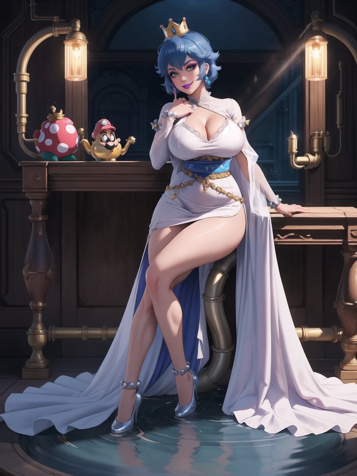 Princess Peach, has gigantic breasts, wearing long all white dress with pink sashes, tight dress on the body, looking directly at the viewer, ((wearing a crown)), short hair, blue hair, mohawk hair, hair with bangs in front of her eyes, she is in a house all made of colored pipes, with furniture made of pipes, large pipes with running water, ((Super Mario Bros)), 16K, UHD, best possible quality, ultra detailed, best possible resolution, ultra technological, futuristic, robotic, Unreal Engine 5, professional photography, she is, ((sensual pose with interaction and leaning on anything + object + on something + leaning against)), perfect anatomy, ((full body)), better_hands, More detail,