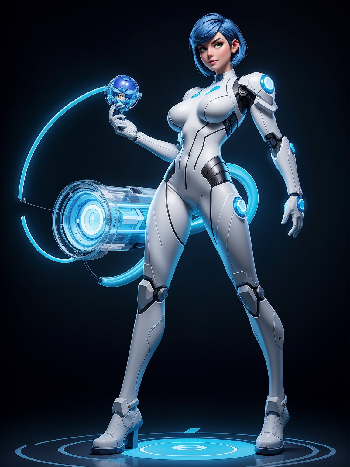A woman, wearing white wick suit with blue lights, tight body suit with robotic parts, (gigantic breasts), blue hair, very short hair, straight hair, mohawk hair, hair with bangs in front of the eyes, looking at the viewer, in a laboratory, ((([posing with interaction and leaning on something|posing with interaction and leaning on an object]))) with machines,  computers, robots, windows, luminous pipes, ((full body):1.5), 16k, UHD, best possible quality, ultra detailed, best possible resolution, Unreal Engine 5, professional photography, well-detailed fingers, well-detailed hand, perfect_hands, perfect, ((super metroid))
