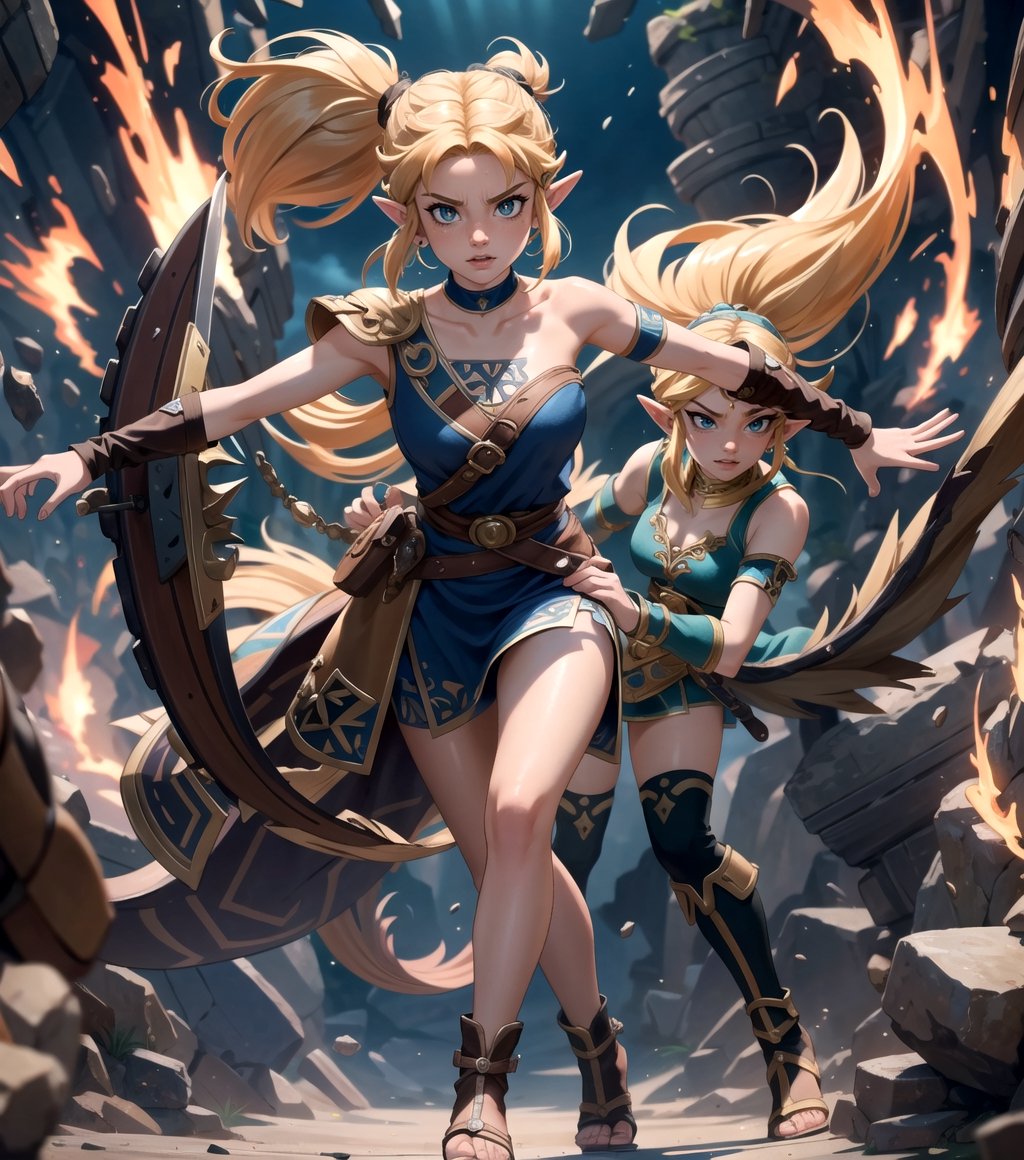 Masterpiece in 4K quality, highlighting every detail of the scene. Style inspired by the fusion of "The Legend of Zelda" and "Dragon Ball" universes, resulting in an epic battle full of energy and intensity. | On the battlefield, Princess Zelda, with a determined expression, faces off against Galford in an exciting fight. She is positioned at a dynamic angle, with a firm and confident combat stance, while her blonde hair flows around her, highlighting her power and determination. Galford, with his concentrated energy, assumes an attacking pose, ready to challenge Zelda. | The composition of the scene presents a dynamic perspective, highlighting the fast and agile movements of the fighters. The camera captures the action up close, allowing viewers to feel the intensity of the battle. | Visual effects add depth to the scene, with bursts of energy and power explosions radiating around the fighters. Dramatic lighting enhances each movement, creating an atmosphere of tension and excitement. | An epic battle between Princess Zelda and Galford, full of action and energy, in the style of Dragon Ball. | {The camera is positioned very close to her, revealing her entire body as she adopts a sensual_pose, interacting with and leaning on a structure in the scene in an exciting way.} | She is adopting a (((sensual_pose as interacts, boldly leaning on a structure, leaning back in an exciting way))), ((sensual_pose):1.3), ((perfect_pose)), ((perfect_pose):1.5), (((full body))), ((well_defined_face, ultra_detailed_face, well_defined_eyes, ultra_detailed_eyes)), ((perfect_finger, perfect_hand)), ((More Detail)), better_hands, 