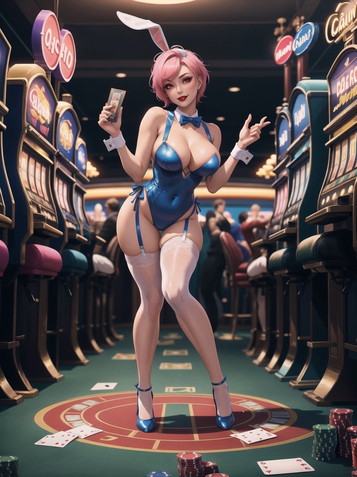 A bunny woman is wearing a white bunny costume with sashes and ribbons in blue. The costume is quite tight on the body, and she is wearing white lycra stockings and black shoes. She is also wearing bunny ears and Bunny paw gloves. She has large breasts, short pink hair, Mohawk, very short hair and shiny hair. She is looking directly at the viewer. She is in a casino in Las Vegas with lots of slot machines, lots of poker and card tables, lots of gambling tables. The casino is crowded with people with different ethnicities. ((She is striking a sensual pose, leaning on anything or object, resting and leaning against herself over it)). ((full body)), ultra futuristic, UHD, best possible quality, ultra detailed, best possible resolution, Unreal Engine 5, professional photography, perfect hand, fingers, hand, perfect, More detail,