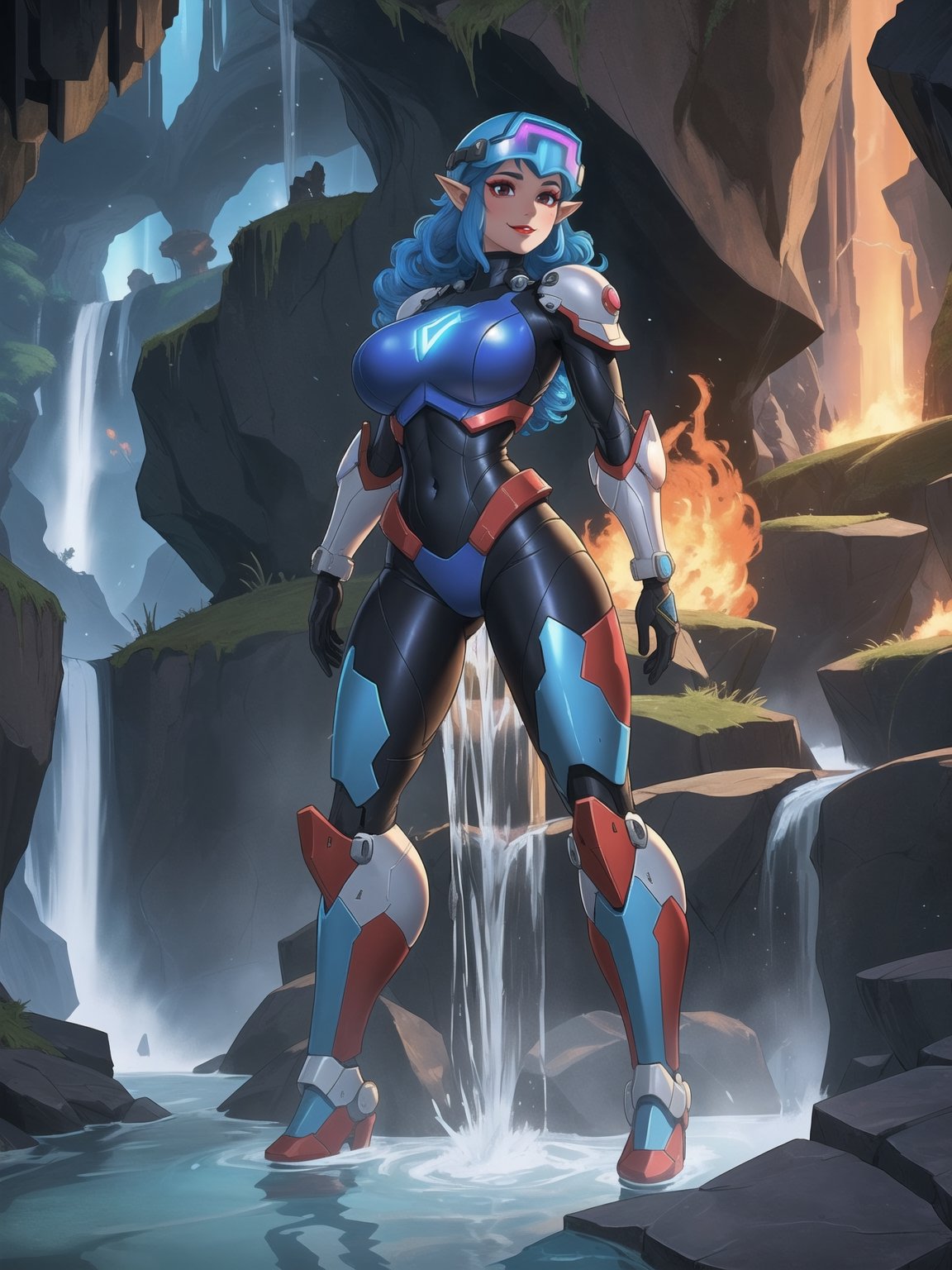 Princess Zelda is wearing a white mecha armor with blue parts and lights attached. The mecha costume is tight on her body, her breasts are gigantic. She is wearing a cyber helmet with a transparent visor. Her hair is blue, curly, short and has bangs in front of her eyes. She is looking directly at the viewer. She is in an alien dungeon inside a cave with a waterfall of glowing lava, many large rock structures, large machines with electricity and blinding light, large pipes with running water and monsters swimming in the waterfall. ((She is striking a sensual pose, leaning on anything or object, resting and leaning against herself over it)). ((full body)), super_metroid, mecha, UHD, best possible quality, ultra detailed, best possible resolution, Unreal Engine 5, professional photography, perfect hand, fingers, hand, perfect, More detail,