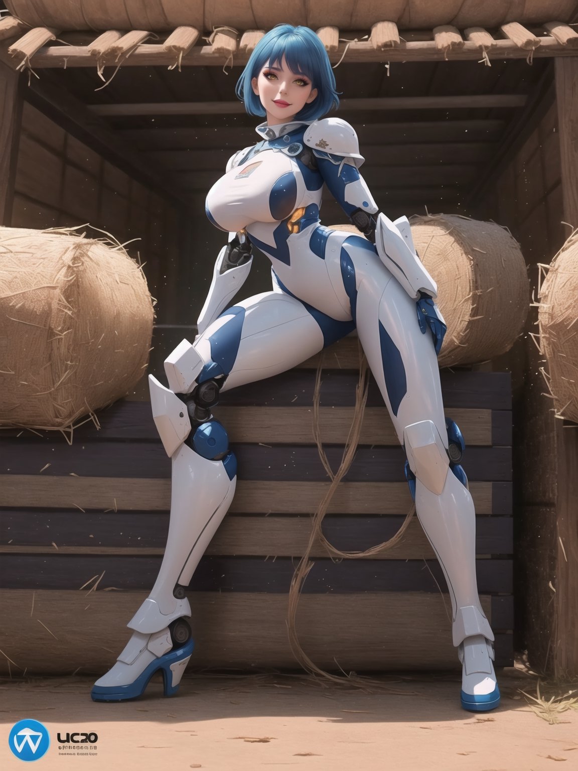 ((A cow woman)), has gigantic breasts, wearing mecha+robotic armor with small blue areas, all white suit, very tight, short hair, blue hair, hair with bangs in front of her eyes, she is in a stable, with large wooden structures, hay bales, machines, warcraft, 16K, UHD, best possible quality, ultra detailed, best possible resolution, ultra technological, futuristic, robotic, Unreal Engine 5, professional photography. She is in a ((sensual pose with interaction and leaning on anything + object + on something + leaning against)) + perfect_thighs, perfect_legs, perfect_feet and ((full body)). More detail and better hands.