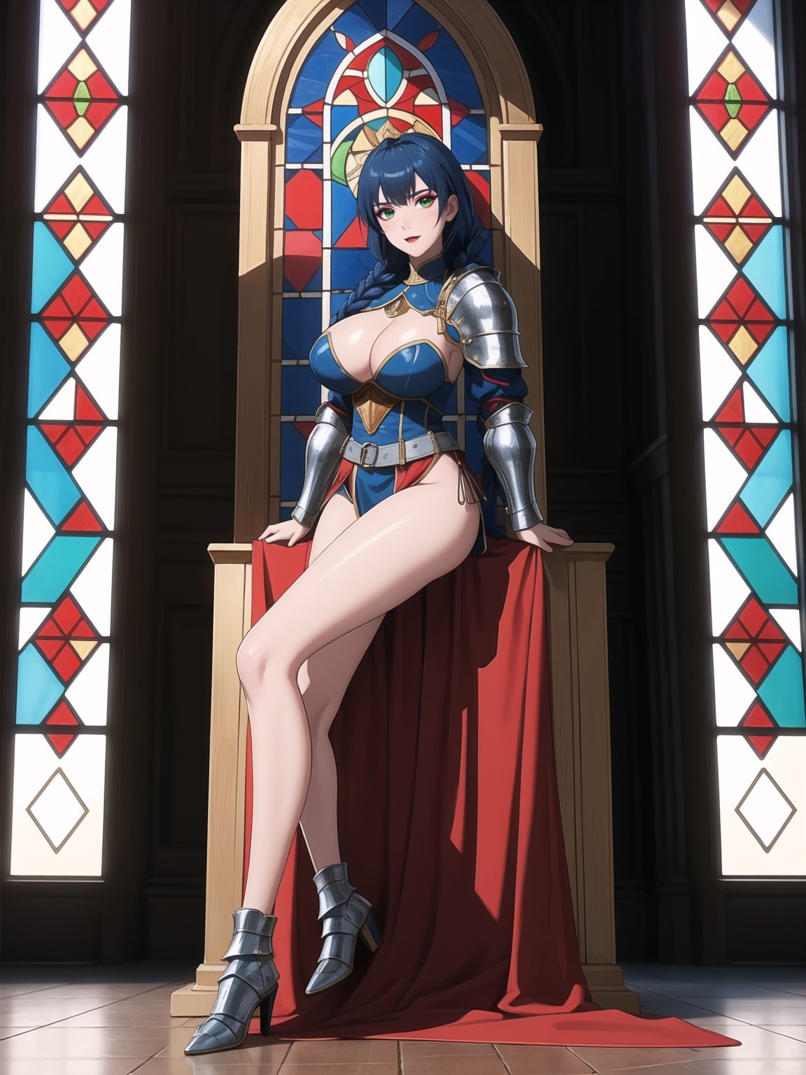 A woman, wearing all-black medieval armor, medieval armor with red parts, very tight medieval armor, gigantic breasts, blue hair, braided hair+solo hair with bangs in front of the eyes, (looking directly at the viewer), she is in an ancient castle, throne room, furniture, stained glass, treasures, 16K, UHD, best possible quality, ultra detailed,  best possible resolution, Unreal Engine 5, professional photography, (((medieval knight)), she is, ((sensual pose with interaction and leaning on anything + object + on something + leaning against)) + perfect_thighs, perfect_legs, perfect_feet, better_hands, ((full body)), More detail,