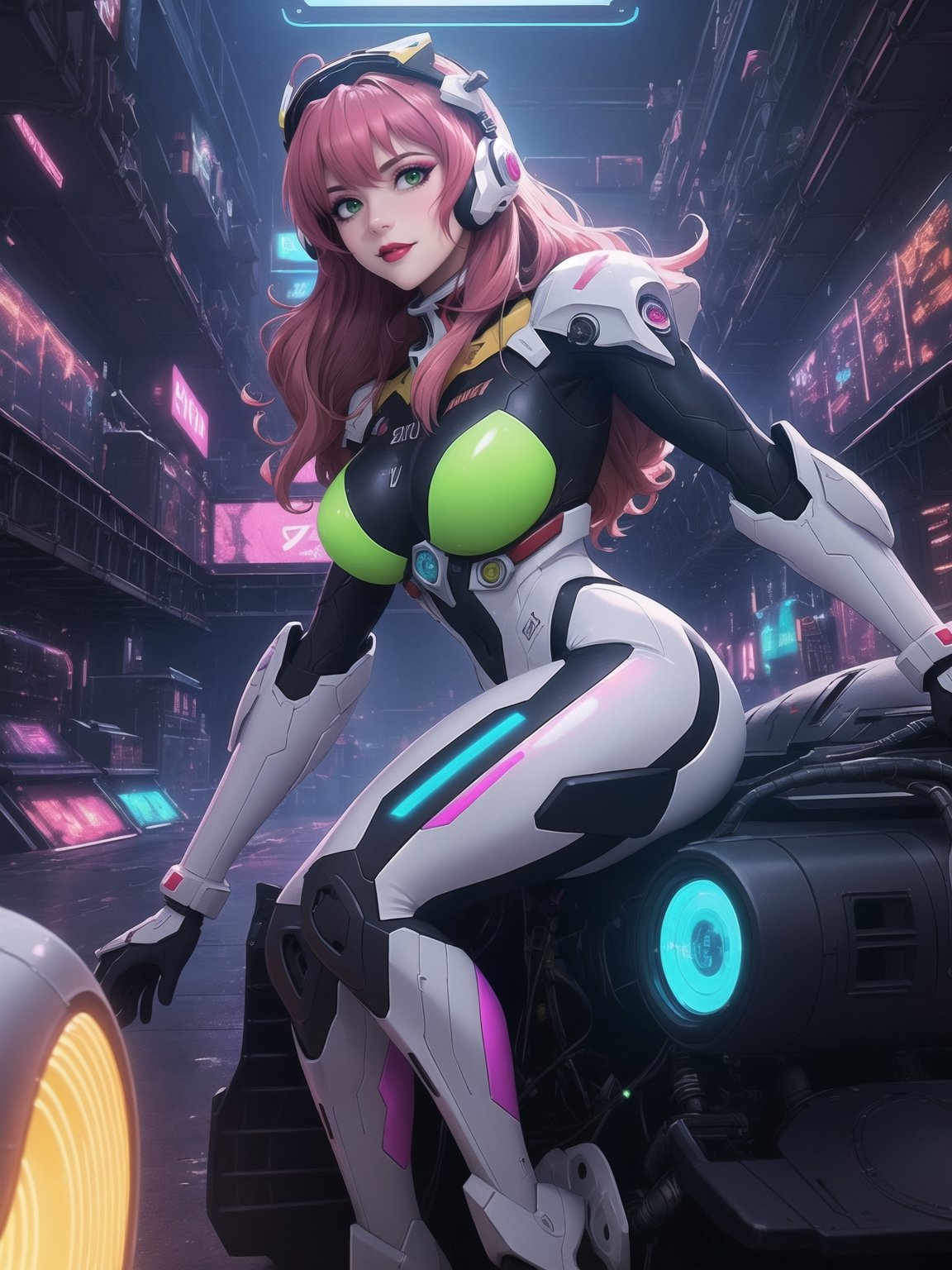 In impeccable 8K resolution, ultra-detailed. In a style that blends the aesthetics of Neon Genesis Evangelion with the modernity of Anime CGI. | In a futuristic hangar filled with advanced machinery, a beautiful bounty hunter stands out. Wearing an all-white mecha suit, with pink areas and neon yellow stripes, her suit embraces her curves, while a cybernetic helmet with a glass visor covers her face. Her long, curly pink hair, with an extravagant fringe in front of her right eye, adds a touch of boldness. Staring with a penetrating gaze at the viewer, she exudes confidence. | The three-dimensional composition is accentuated by the presence of a giant mecha robot in the background, an armed vehicle, and a variety of computers and machines, all illuminated by visible electrical current. Atmospheric perspective and a wide angle add dynamism to the scene. | Neon light permeates the hangar, enhancing the contrast between the white of the hunter's suit and the vibrant tones around. Effects like cinematic lighting, motion blur, and glow contribute to a futuristic atmosphere. | A fearless bounty hunter, immersed in a hangar full of advanced technology, ready for action and mystery, inspired by the striking aesthetics of Neon Genesis Evangelion. | She: ((interacting and leaning on anything, very large structure+object, leaning against, sensual pose):1.5), ((Full body image)), perfect hand, fingers, hand, perfect, better_hands, More Detail,