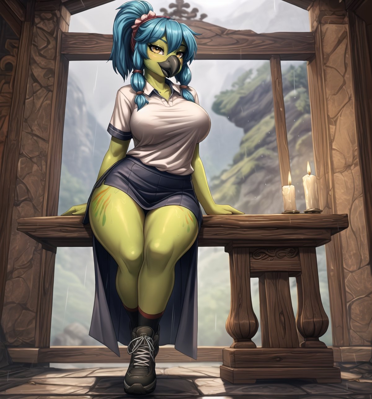 ((Image with cartoom art style, sexy anime and unreal engine 5, rendered in ultra-high resolution with realistic details):1.2). | Daiana, a sensual and mysterious 22-year-old (((female parrot))), is positioned in an ancient temple in the mountains on a rainy night. Her curvaceous body is highlighted by the school attire she wears, consisting of a white t-shirt with cufflinks, a black accordion skirt, long lycra socks reaching the height of the crotch and black shoes. Her ((green skin glows)) in the light of the candles that illuminate the place, while her feet are firmly placed on the damp floor. She has long, straight blue hair, with two long pigtails with metallic clips, which fall down her back. She has yellow eyes that stare at the viewer, with a seductive smile and a shiny black beak. She also carries a school bag on her back, adding a touch of innocence to her appearance. | Composition at a general shot angle, emphasizing the imposing figure of Daiana and the architectural elements of the temple. The rock and wooden structures, along with Daiana, the altar, pillars and ancient sculptures, create a haunting and seductive environment. The rain hitting the rocks and the wind blowing through the trees create visual effects that add depth and dynamism to the scene, while the candles lighting the place create a cozy and mysterious atmosphere. | Soft, moody lighting effects create a sensual and mysterious atmosphere, while detailed textures on the structures and costume add realism to the image. | A sensual and terrifying scene of Daiana, a female parrot, in an ancient temple in the mountains on a rainy night, fusing elements of cartoon art, sensual anime and unreal engine 5. | (((((The camera reveals a full-body-shot as she assumes a sensual-pose, engagingly leaning against a structure within the scene in an exciting manner. She takes on a sensual-pose as she interacts, boldly leaning on a structure, leaning back in an exciting way))))). | ((perfect anatomy, perfect body)), ((((perfect pose)))), ((perfect fingers, better hands, perfect hands, perfect legs, perfect feet)), (((perfect_breasts, huge_breasts))), ((perfect design, correct errors, perfect composition, very detailed scene, very detailed background, correct imperfections, perfect layout):1.2), ((More Detail, Enhance))