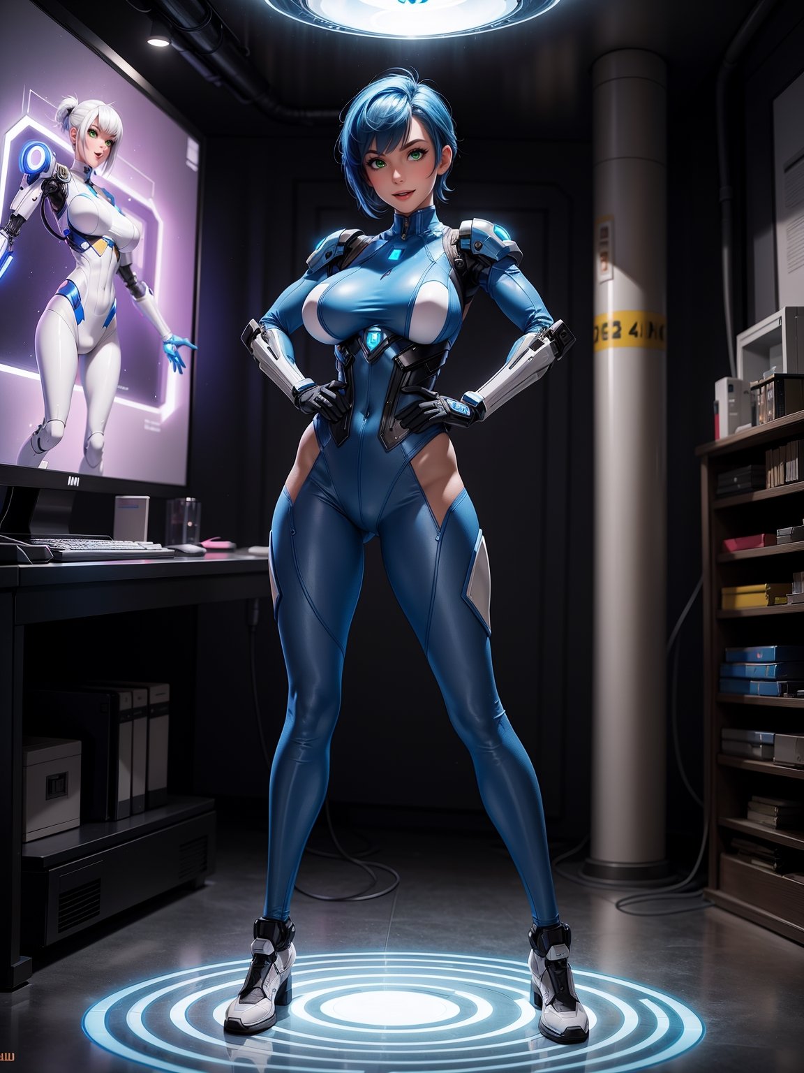 A woman, wearing white wick costume with blue lights, very tight costume on the body with robotic parts, (gigantic breasts), blue hair, very short hair, straight hair, mohawk hair, hair with bangs in front of the eyes, looking at the viewer, ((pose with interaction and leaning on an object)) in a laboratory, with machines, computers, robots, windows,  luminous pipes, ((full body):1.5), 16k, UHD, best possible quality, ultra detailed, best possible resolution, Unreal Engine 5, professional photography, well-detailed fingers, well-detailed hand, perfect_hands, perfect, (megamanx, super metroid)