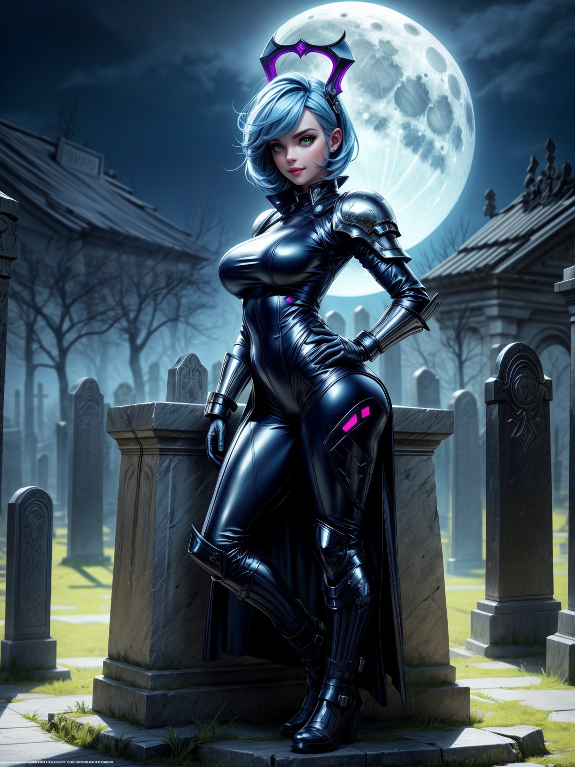 1woman, wearing futuristic armor+bionic costume+metal plates, white suit with black parts, extremely giant breasts, blue hair, very short hair, mohawk hair, hair with bangs in front of the eyes, helmet on the head, looking at the viewer, (((erotic pose interacting and leaning on something))), in an ancient cemetery, large evil soleis, large tombstones, large tombs,  candles stuck on headstones illuminating the place, fog, cemetery at night with full moon at top left, ((full body):1.5), ((bloodrayne)),16k, UHD, best possible quality, ((ultra detailed):1), best possible resolution, Unreal Engine 5, professional photography, perfect_hands