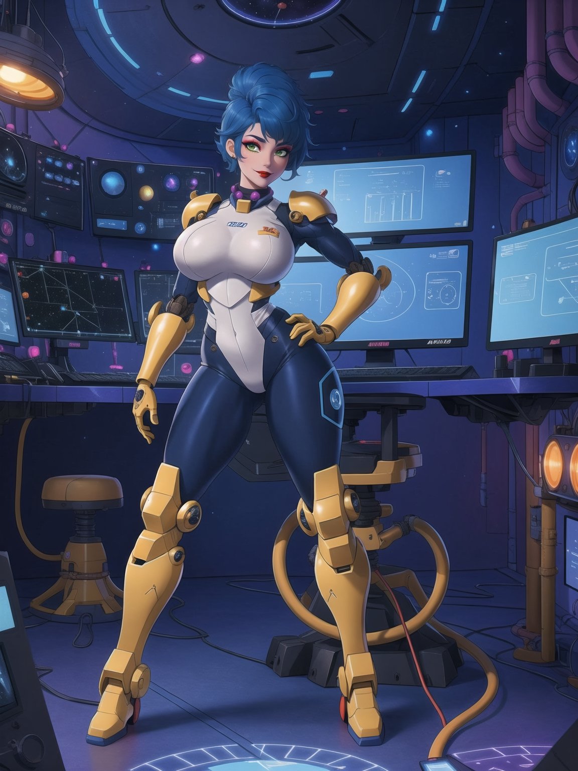 Princess Peach, wearing a mecha suit with blue parts, all white suit, cybernetic armor suit, suit with attached lights, gigantic breasts, full body covering suit, suit very tight on the body, synthetic suit, very short hair, blue hair, mohawk hair, hair with bangs in front of the eyes, she's looking directly at the viewer, she is in an alien aircraft in the control room, with many computers, control panels, display showing outer space, mecha robots, pipes with flowing electricity, UHD, best possible quality, ultra detailed, best possible resolution, ultra technological, futuristic, robotic, Unreal Engine 5, professional photography, ((she is doing sensual pose with interaction and leaning on anything + object + on something + leaning against)), ((full body)), better hands, More detail,