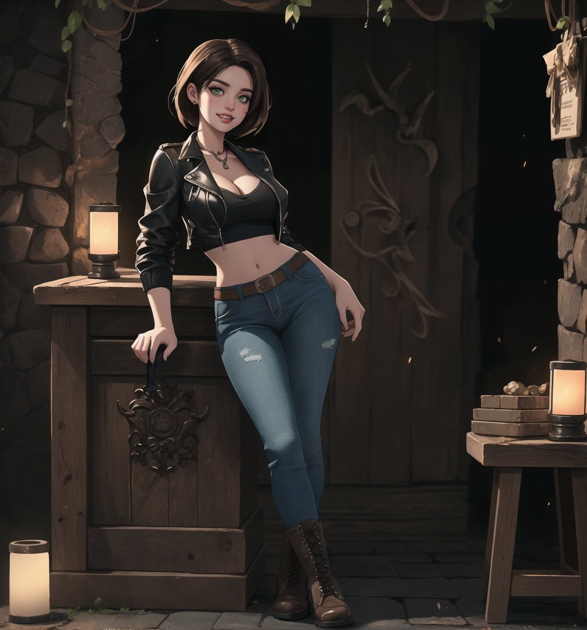 An ultra-detailed 16K masterpiece of horror and realism, rendered in ultra-high resolution with stunning graphical detail. | Jill Valentine, a beautiful 28-year-old woman, is dressed in a sexy and modern detective outfit consisting of a leather jacket, jeans, black boots and a white shirt. Her short brown hair is styled into a bob, with a loose strand of hair falling in front. Her green eyes look out at the viewer, ((smiling seductively and showing her teeth)), with red lipstick and war paint on her face. It is located in a macabre cave, with ancient temple structures, rock structures, marble structures and wooden structures all around. Lamps illuminate the environment, creating ominous shadows on the cave walls. The air is cold and damp, with a musty, dusty smell coming from deep within the cave. | The image highlights Jill Valentine's sensual figure and the frightening elements of the macabre cave. The ancient temple structures, rock structures, marble structures and wooden structures create a dark and spooky environment. The lighting from the lanterns creates dramatic shadows and highlights the details of the scene. | Soft, shadowy lighting effects create a tense, fear-filled atmosphere, while rough, detailed textures on structures and costume add realism to the image. | A sensual and frightening scene of Jill Valentine, a beautiful woman dressed as a sexy detective in a macabre cave, exploring themes of horror, seduction and survival. | (((The image reveals a full-body shot as Jill Valentine assumes a sensual pose, engagingly leaning against a structure within the scene in an exciting manner. She takes on a sensual pose as she interacts, boldly leaning on a structure, leaning back and boldly throwing herself onto the structure, reclining back in an exhilarating way.))). | ((((full-body shot)))), ((perfect pose)), ((perfect limbs, perfect fingers, better hands, perfect hands, hands))++, ((perfect legs, perfect feet))++, ((huge breasts)), ((perfect design)), ((perfect composition)), ((very detailed scene, very detailed background, perfect layout, correct imperfections)), Enhance++, Ultra details++, More Detail++