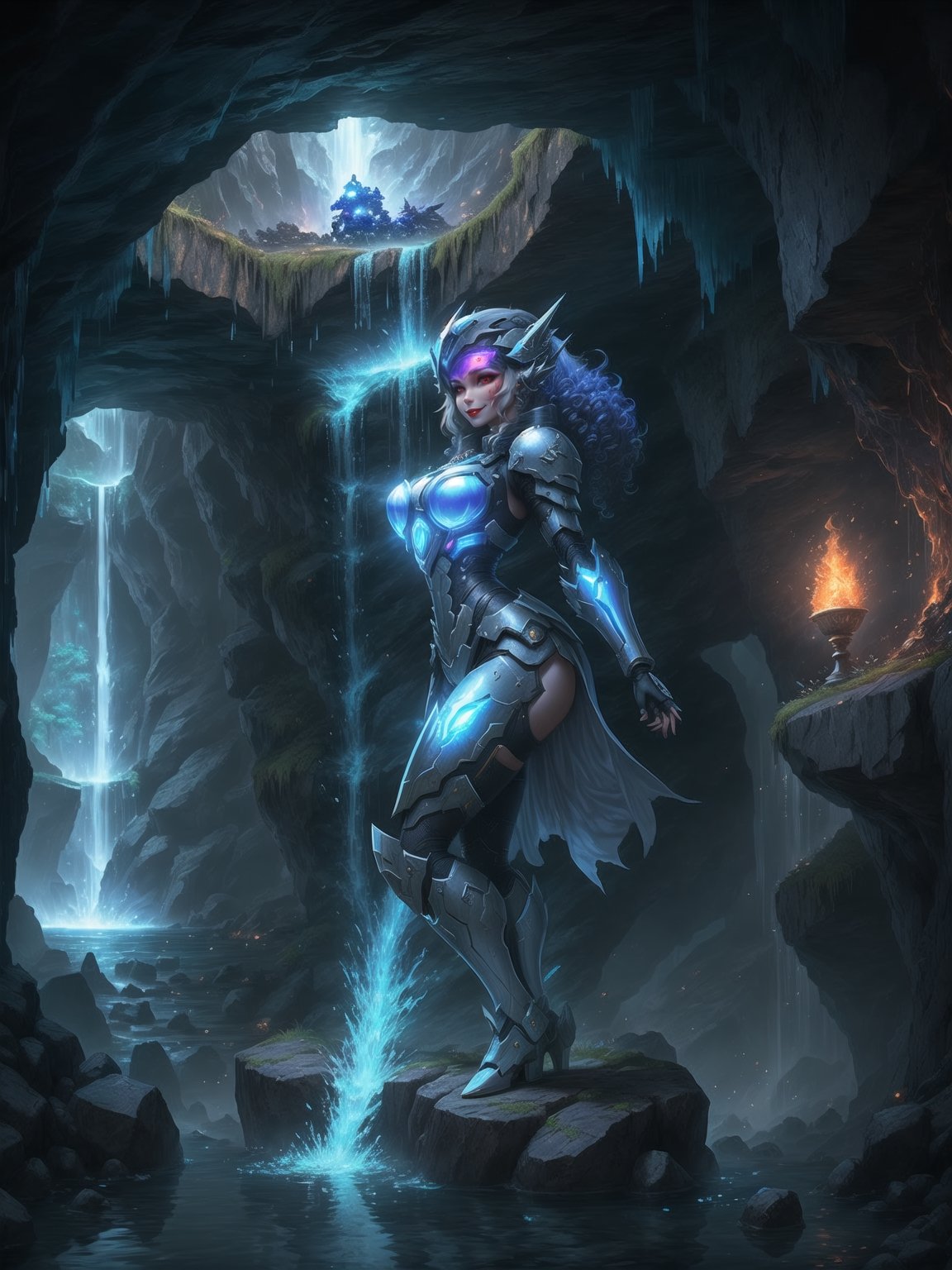 Princess Zelda is wearing a white mecha armor with blue parts and lights attached. The mecha costume is tight on her body, her breasts are gigantic. She is wearing a cyber helmet with a transparent visor. Her hair is blue, curly, short and has bangs in front of her eyes. She is looking directly at the viewer. She is in an alien dungeon inside a cave with a waterfall of glowing lava, many large rock structures, large machines with electricity and blinding light, large pipes with running water and monsters swimming in the waterfall, ((She is striking a sensual pose, leaning on anything or object, resting and leaning against herself over it)), ((full body)), mecha, warcraft, UHD, best possible quality, ultra detailed, best possible resolution, Unreal Engine 5, professional photography, perfect hand, fingers, hand, perfect, More detail,