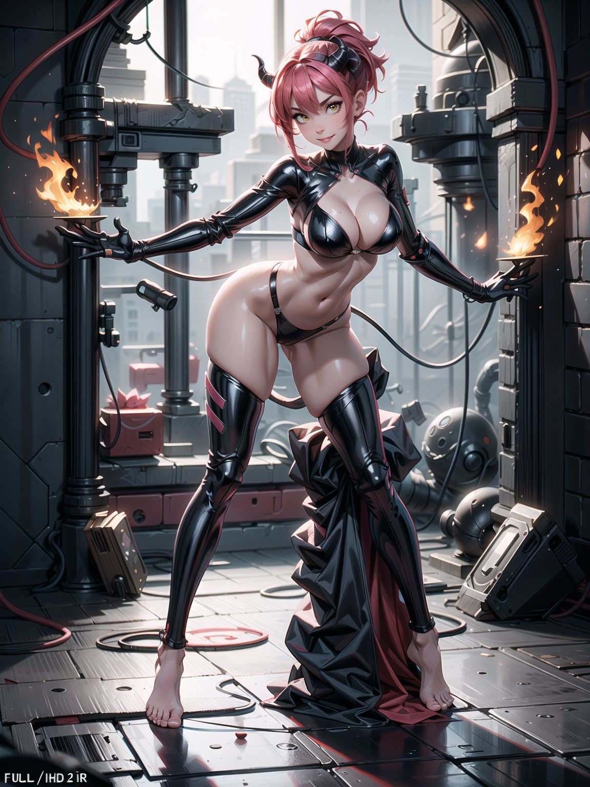 A demon woman, wearing a black cybernetic bikini with tight red bands on her body, bare feet, gigantic breasts, large horns, pink hair, extremely short hair, rebellious hair, ponytail hair, hair with bangs in front of her eye, looking at the viewer, ((((sensual pose+Interacting+leaning on anything+object+leaning against)))), in a pool in the underworld at night,  with many [altars|stone structures], demons, fire everywhere, ((full body):1.5), 16K, UHD, unreal engine 5, quality max, max resolution, ultra-realistic, ultra-detailed, maximum sharpness, ((perfect_hands):1), Goodhands-beta2, ((technological)), ((A demon woman))