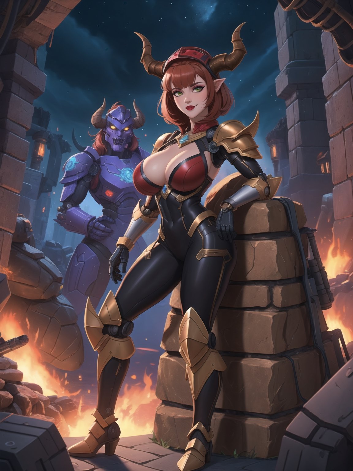 ((A demon woman)) with giant breasts, wearing mecha+robotic armor with red parts, all black armor, she has horns (wearing a helmet), red hair, short hair, hair with bangs in front of her eyes. She is in the underworld at night, with many large stone structures machines, monsters, large metal structures, warcraft, 16K, UHD, best possible quality, ultra detailed, best possible resolution, ultra technological, futuristic, robotic. The image is captured using Unreal Engine 5 and professional photography. She is in a sensual pose with interaction and leaning on anything + object + on something + leaning against + perfect_thighs, perfect_legs, perfect_feet. The image shows her full body with more detail and better hands.