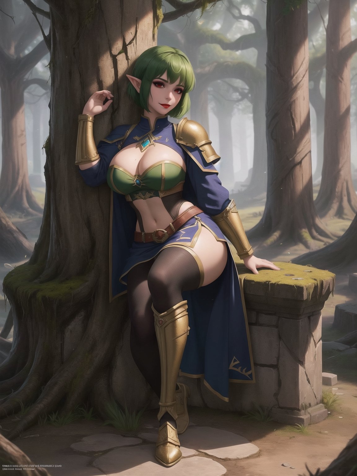 A woman wearing a tight-fitting golden medieval armor with gigantic breasts, green hair with bangs in front of her eyes and very short hair is staring fixedly at the viewer. She is in a completely destroyed castle with many moss-covered stone structures, trees, tree trunks, stone pillars with ancient inscriptions and lots of vegetation. ((She is striking a sensual pose, leaning on anything or object, resting and leaning against herself over it)). ((full body)), warcraft, legend_of_zelda, UHD, best possible quality, ultra detailed, best possible resolution, Unreal Engine 5, professional photography, perfect hand, fingers, hand, perfect, More detail,