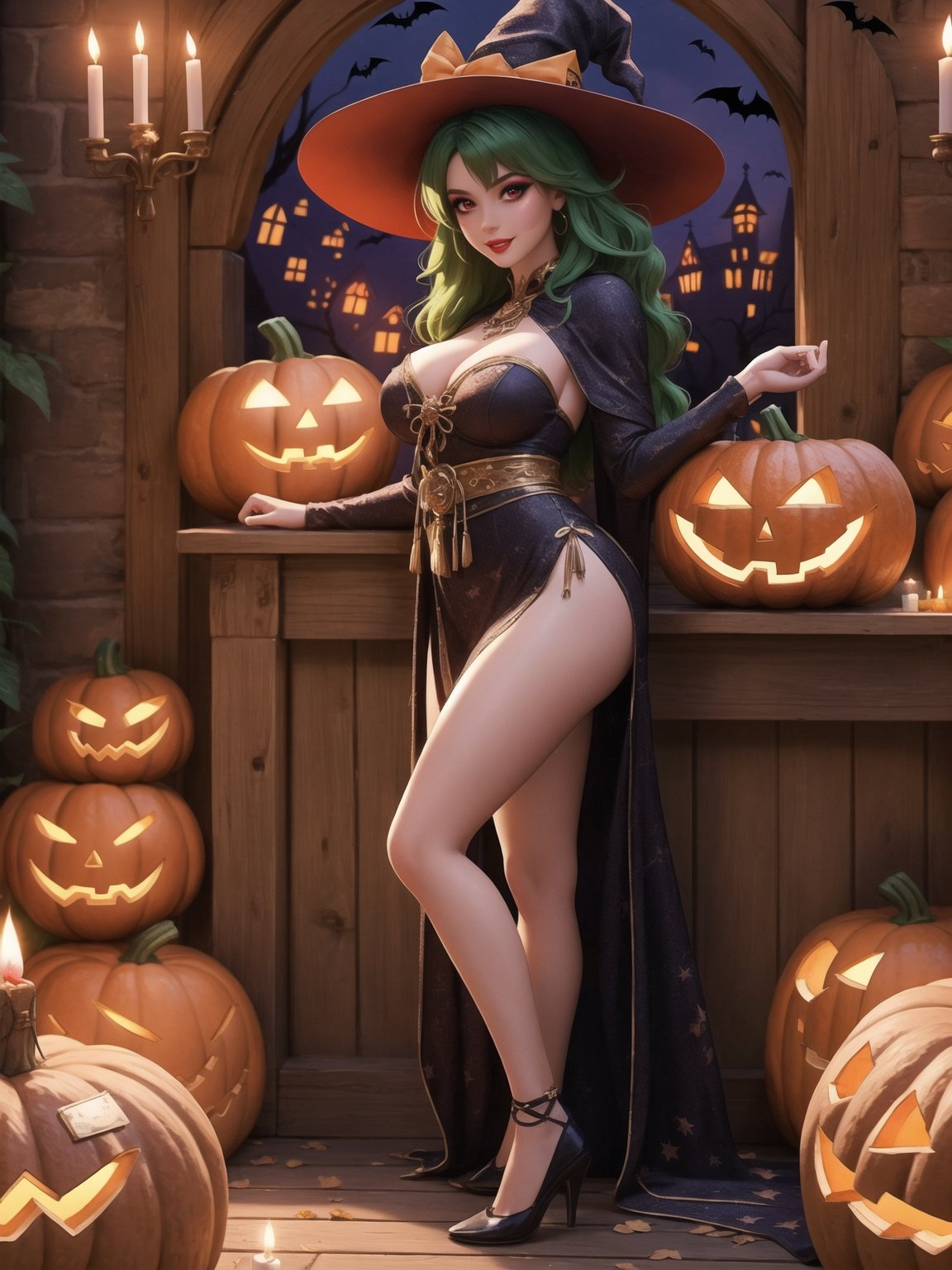 Solo woman, wearing a very long witch costume, gigantic breasts, wearing a witch's hat, mohawk hair, green hair, messy hair, (looking directly at the viewer), she is in an old village having a halloween party, with altars, wooden structures, pumpkins with slaps, candles illuminating the place,  many monster drawing boards, halloween, warcraft, 16K, UHD, best possible quality, ultra detailed, best possible resolution, Unreal Engine 5, professional photography, she is, ((extroverted pose with interaction and leaning on anything + object + on something + leaning against)) + perfect_thighs, perfect_legs, perfect_feet, better_hands, ((full body)), More detail,