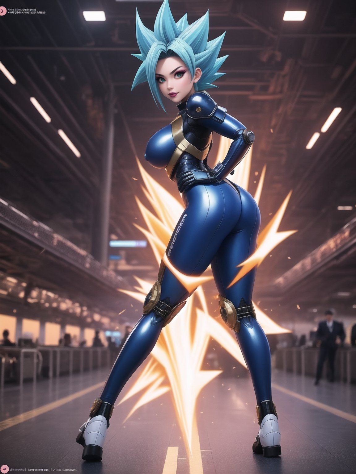 ((A kawaii woman)), wearing cybernetic suit + robotic armor + all-white latex suit, with blue and yellow parts, gigantic breasts, ((only she has super saiyan blue hair)), spiky hair, hair with bangs in front of the eyes, (looking directly at the viewer), she is on an airplane, machines, computers, people with different ethnicities, 16K, UHD, best possible quality,  ultra detailed, best possible resolution, Unreal Engine 5, professional photography,, she is, ((sensual pose with interaction and leaning on anything + object + on something + leaning against)) + perfect_thighs, perfect_legs, perfect_feet, better_hands, (((full body))), More detail,