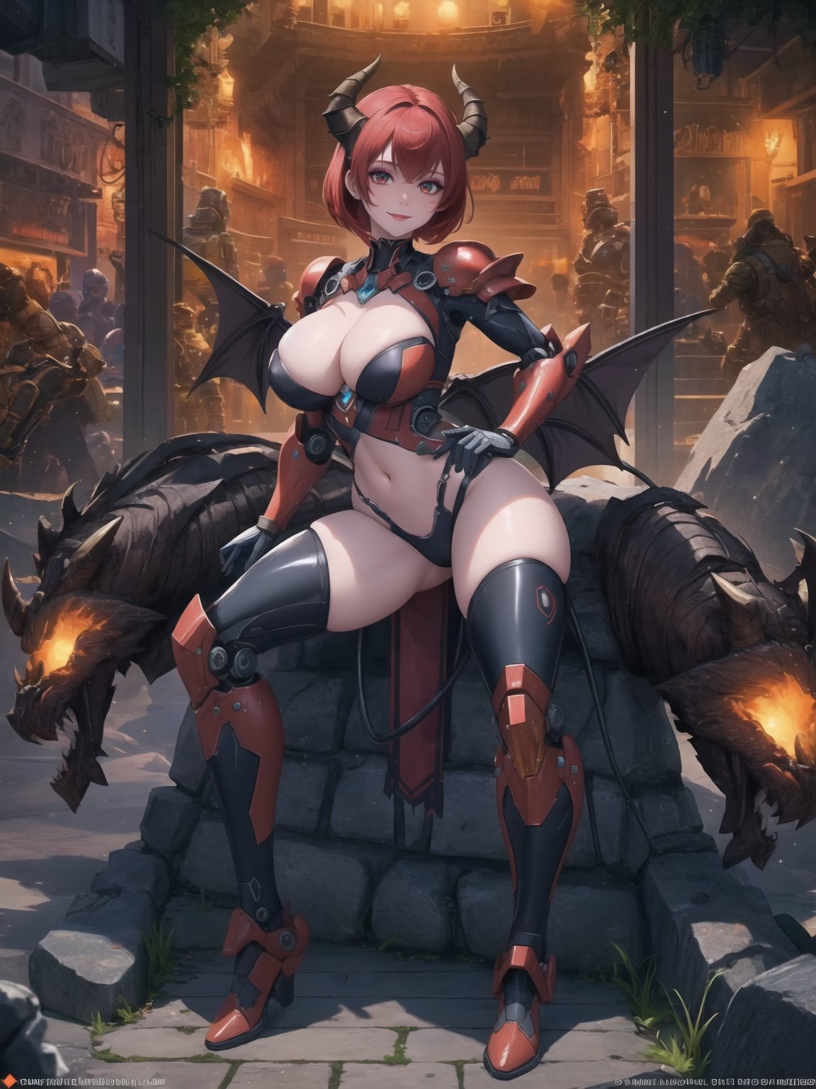 ((A demon woman)) with giant breasts, wearing mecha+robotic armor with red parts, all black armor, she has horns (wearing a helmet), red hair, short hair, hair with bangs in front of her eyes. She is in the underworld at night, with many large stone structures machines, monsters, large metal structures, warcraft, 16K, UHD, best possible quality, ultra detailed, best possible resolution, ultra technological, futuristic, robotic. The image is captured using Unreal Engine 5 and professional photography. She is in a sensual pose with interaction and leaning on anything + object + on something + leaning against + perfect_thighs, perfect_legs, perfect_feet. The image shows her full body with more detail and better hands.
