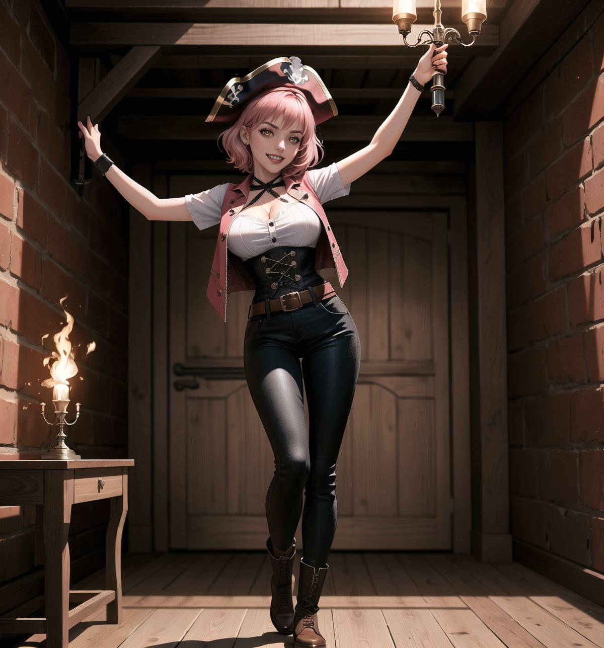 A pirate-adventure masterpiece, rendered in ultra-detailed 8K with vibrant, realistic details. | Rose, a young 23-year-old woman, is dressed in a pirate costume consisting of a white shirt, black vest, brown pants, leather boots, gloves, belt with pockets, sword and a pirate hat. Her short ((pink hair)) is styled in a modern and stylish cut, with tousled braids. She has golden eyes, ((looking at the viewer while smiling and showing her teeth)), wearing red lipstick. It is located inside a pirate prison inside a pirate ship, with wooden structures, metal bars, cannons and metal structures. The laparinas on the walls add to the dark and threatening atmosphere of the place. The light from the torches illuminates the room, creating ominous shadows on the walls. | The image highlights Rose's attractive figure and the architectural elements of the pirate prison. The wooden structures, together with the metal railings, cannons and metal structures, create a dark and threatening environment. The laparinas on the walls enhance the dark and threatening atmosphere of the scene. The torchlight creating ominous shadows on the walls highlights the tension and fear in the scene. | Soft, shadowy lighting effects create a tense, fear-filled atmosphere, while rough, detailed textures on structures and clothing add realism to the image. | A terrifying scene of a young female pirate inside a pirate prison, exploring themes of adventure, pirates and fear. | (((The image reveals a full-body shot as Rose assumes a sensual pose, engagingly leaning against a structure within the scene in an exciting manner. She takes on a sensual pose as she interacts, boldly leaning on a structure, leaning back and boldly throwing herself onto the structure, reclining back in an exhilarating way.))). | ((((full-body shot)))), ((perfect pose)), ((perfect arms):1.2), ((perfect limbs, perfect fingers, better hands, perfect hands, hands)), ((perfect legs, perfect feet):1.2), ((huge breasts)), ((perfect design)), ((perfect composition)), ((very detailed scene, very detailed background, perfect layout, correct imperfections)), Enhance, Ultra details++, More Detail, poakl