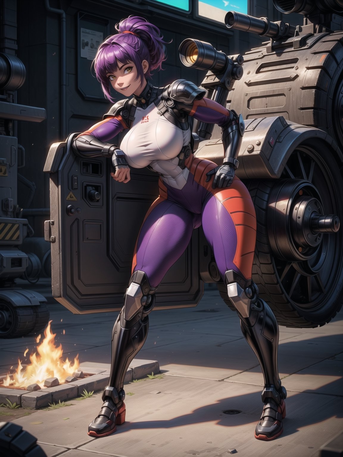 A woman, wearing white cybernetic armor with tight and tight red areas, gigantic breasts, wearing helmet with visor, purple hair, extremely short hair, rebellious hair, hair with ponytail, hair with bangs in front of the eye, looking at the viewer, (((sensual pose+Interacting+leaning on anything+object+leaning against))), on a battlefield with machines, stone structures, military vehicles, fire everywhere, ((full body):1.5), 16K, UHD, unreal engine 5, quality max, max resolution, ultra-realistic, ultra-detailed, maximum sharpness, ((perfect_hands):1), Goodhands-beta2, ((technological))