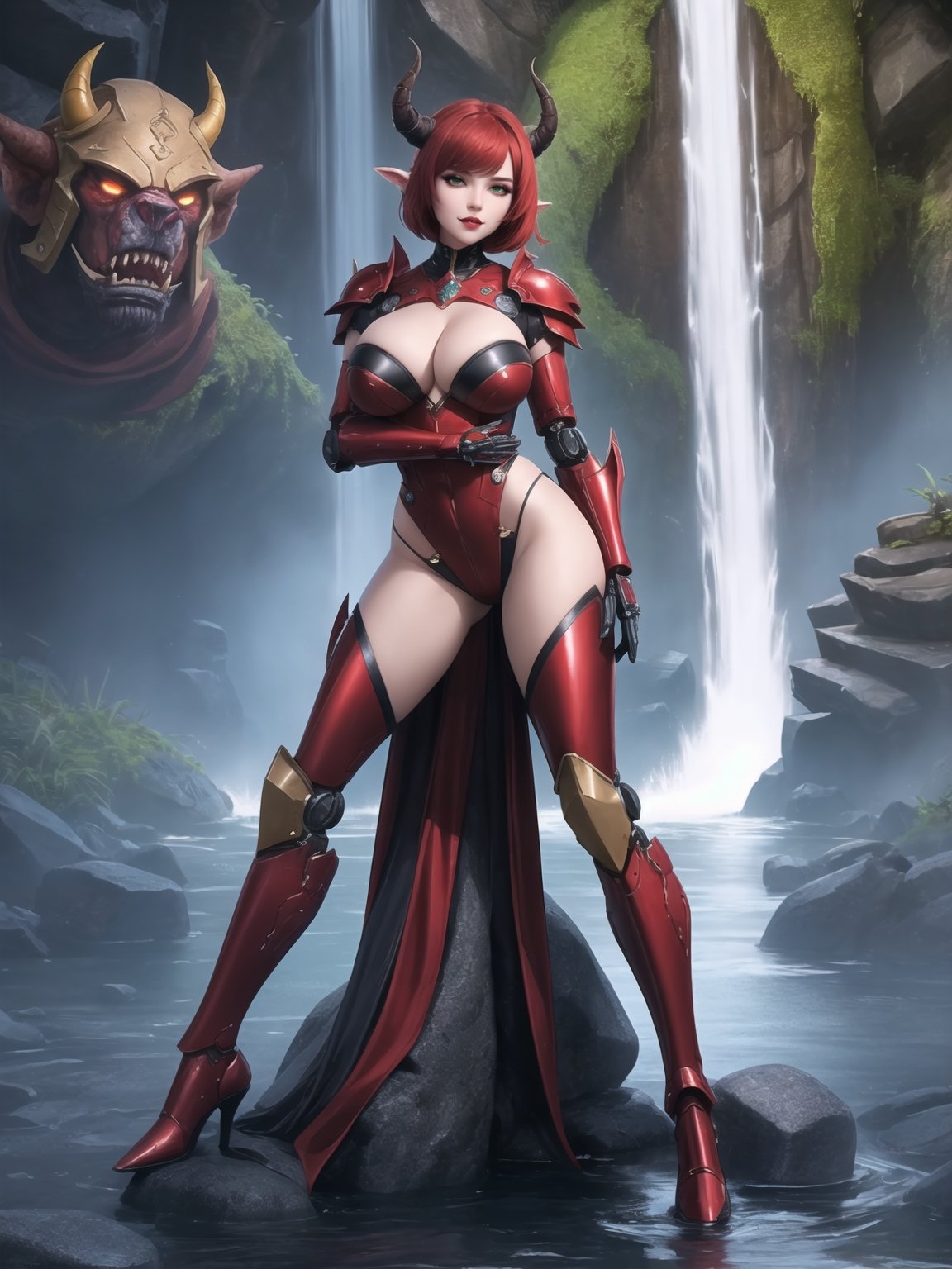 ((A demon woman)), has gigantic breasts, is wearing mecha costume+robotic armor with parts in red, totally black costume, she has ((horns)), red hair, short hair, hair with bangs in front of her eyes, she is, in the underworld, with many machines large stone structures, waterfall with dirty water, monsters , warcraft, 16K, UHD, best possible quality, ultra detailed, best possible resolution, ultra technological, futuristic, robotic, Unreal Engine 5, professional photography, she is, ((sensual pose with interaction and leaning on anything + object + on something + leaning against)) + perfect_thighs, perfect_legs, perfect_feet, ((full body)), more detail, better_hands