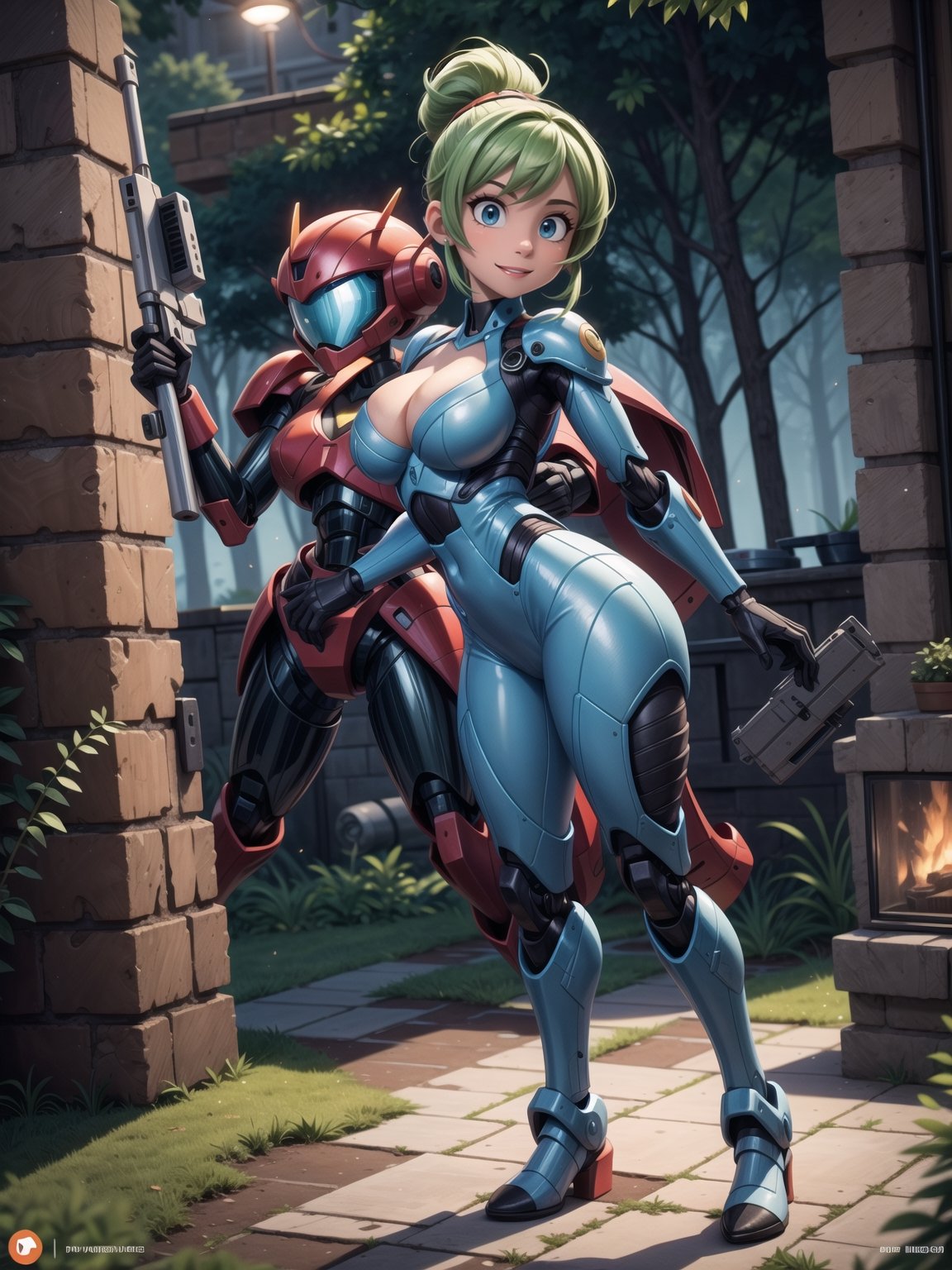 A woman, wearing mecha suit+mecha armor+Bionic armor, blue suit with blank parts, gigantic breasts, helmet with glass visor, green hair, extremely short hair, rebellious hair, hair with ponytail, hair with bangs in front of the eye, looking at the viewer, (((sensual pose+Interacting+leaning on anything+object+leaning against+something from the scenario))), in the underworld at night with many machines, robots, machines, metal structures, ((full body):1.5), 16K, UHD, Unreal Engine 5, quality max, max resolution, ultra-realistic, ultra-detailed, maximum sharpness, ((perfect_hands):1), Goodhands-beta2, [megaman, super metroid], ((mecha))