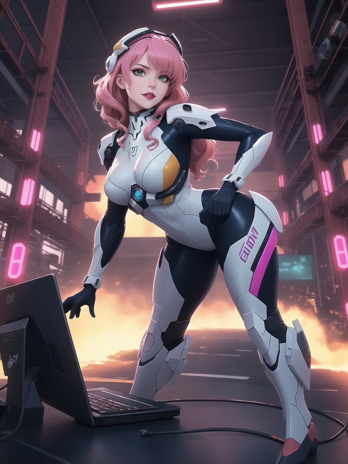 In impeccable 8K resolution, ultra-detailed. In a style that blends the aesthetics of Neon Genesis Evangelion with the modernity of Anime CGI. | In a futuristic hangar filled with advanced machinery, a beautiful bounty hunter stands out. Wearing an all-white mecha suit, with pink areas and neon yellow stripes, her suit embraces her curves, while a cybernetic helmet with a glass visor covers her face. Her long, curly pink hair, with an extravagant fringe in front of her right eye, adds a touch of boldness. Staring with a penetrating gaze at the viewer, she exudes confidence. | The three-dimensional composition is accentuated by the presence of a giant mecha robot in the background, an armed vehicle, and a variety of computers and machines, all illuminated by visible electrical current. Atmospheric perspective and a wide angle add dynamism to the scene. | Neon light permeates the hangar, enhancing the contrast between the white of the hunter's suit and the vibrant tones around. Effects like cinematic lighting, motion blur, and glow contribute to a futuristic atmosphere. | A fearless bounty hunter, immersed in a hangar full of advanced technology, ready for action and mystery, inspired by the striking aesthetics of Neon Genesis Evangelion. | She: ((interacting and leaning on anything, very large structure+object, leaning against, sensual pose):1.5), ((Full body image)), perfect hand, fingers, hand, perfect, better_hands, More Detail,