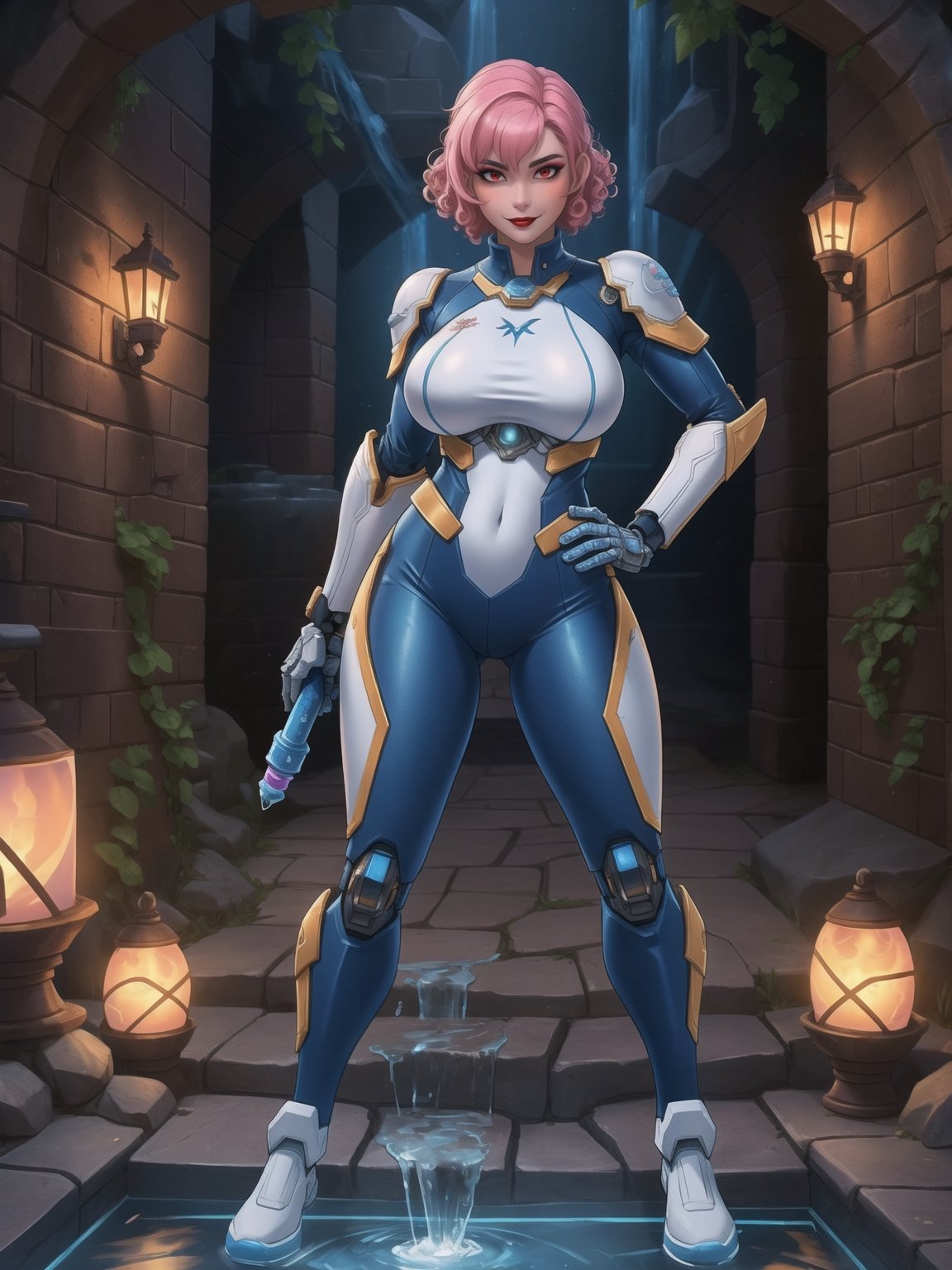 A woman, she is wearing an all-white cybernetic suit, a cybernetic suit with blue parts, a very tight cybernetic suit on her body, she has gigantic breasts, very short hair, pink hair, curly hair, hair with bangs in front of her eyes, she is looking directly at the viewer, she is in a dungeon, with large stone structures, many technological machines, many luminous pipes with running water, altars, figurines, warcraft, ((full body)),  UHD, best possible quality, ultra detailed, best possible resolution, ultra technological, Unreal Engine 5, professional photography, she is doing (sensual pose with interaction and leaning on anything) + (object + on something + leaning against), perfect, More detail,