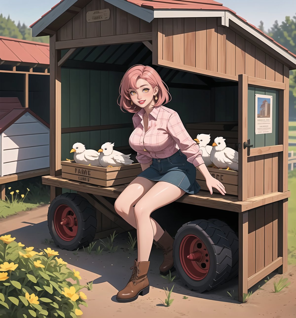 An ultra-detailed 16K masterpiece with Country and Rural styles, rendered in ultra-high resolution with extraordinary detail. | Darla, a young 23-year-old woman, is dressed in a farmer's outfit, consisting of a red and white plaid shirt, denim skirt and brown leather boots. Her pink hair is short and disheveled, with a modern and stylish cut. ((Her golden eyes are looking at the viewer, smiling and showing her teeth, with red lipstick on her lips)). She is in a shed on a farm, with wooden structures, concrete structures, crates, machines and tires around her. A tractor, a barn and a chicken coop adorn the scene. | The image highlights Darla's imposing figure and the rural elements of the shed. The wooden structures, concrete structures, crates, machines and tires, together with the tractor, barn and chicken coop, create a rural and welcoming environment. The shadows created by the warehouse lights highlight the details of the scene and create a mysterious atmosphere. | Soft, warm lighting effects create a welcoming, rural atmosphere, while detailed textures on skin, clothing, and structures add realism to the image. | Darla, a farmer in a shed, exploring themes of country, rurality and simplicity. | (((The image reveals a full-body shot as Darla assumes a sensual pose, engagingly leaning against a structure within the scene in an exciting manner. She takes on a sensual pose as she interacts, boldly leaning on a structure, leaning back and boldly throwing herself onto the structure, reclining back in an exhilarating way.))). | ((((full-body shot)))), ((perfect pose)), ((perfect arms):1.2), ((perfect limbs, perfect fingers, better hands, perfect hands, hands)), ((perfect legs, perfect feet):1.2), ((huge breasts))++, ((perfect design)), ((perfect composition)), ((very detailed scene, very detailed background, perfect layout, correct imperfections)), Enhance, Ultra details++, More Detail, poakl